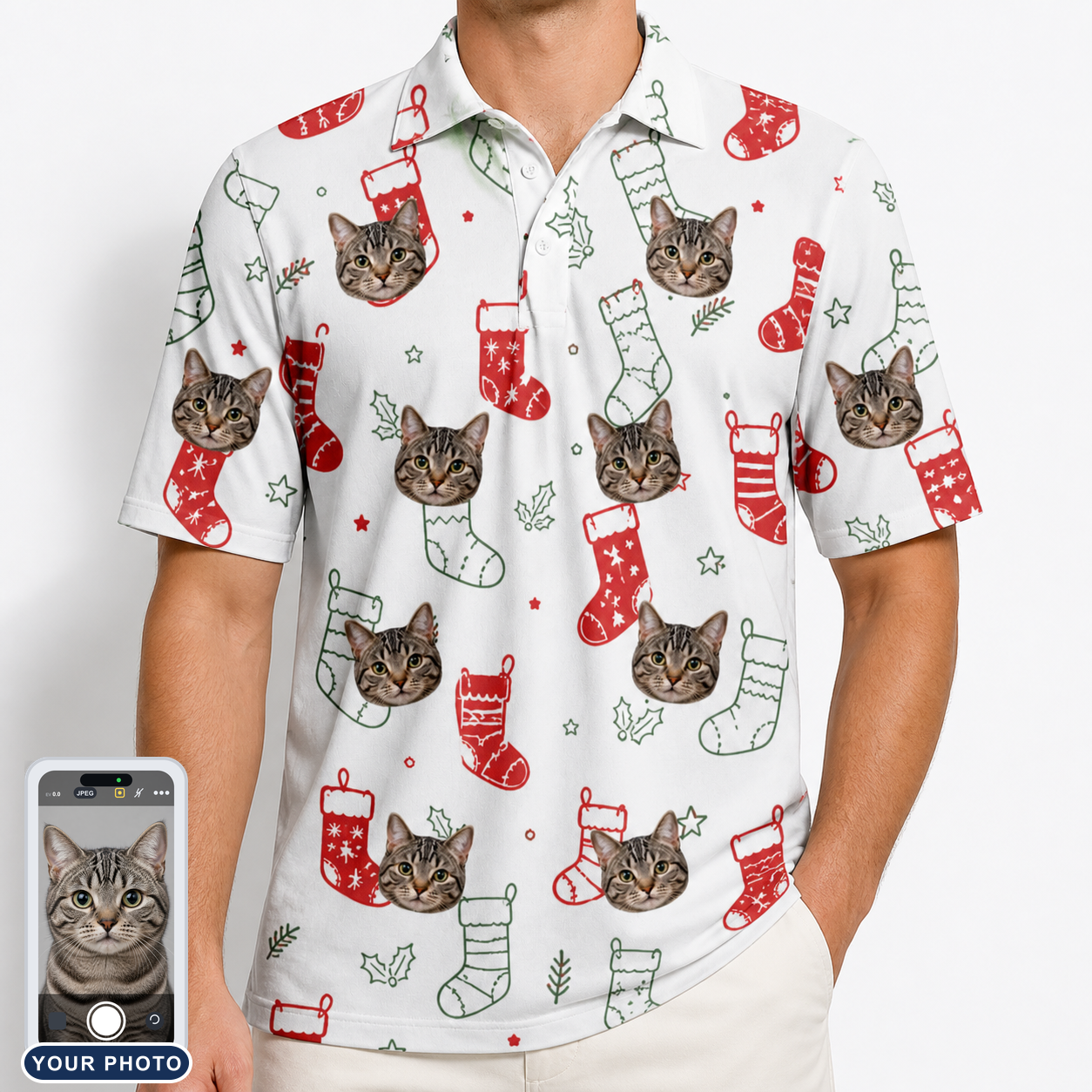 Men's Yule Pouches Custom Cat Face Polo Shirt