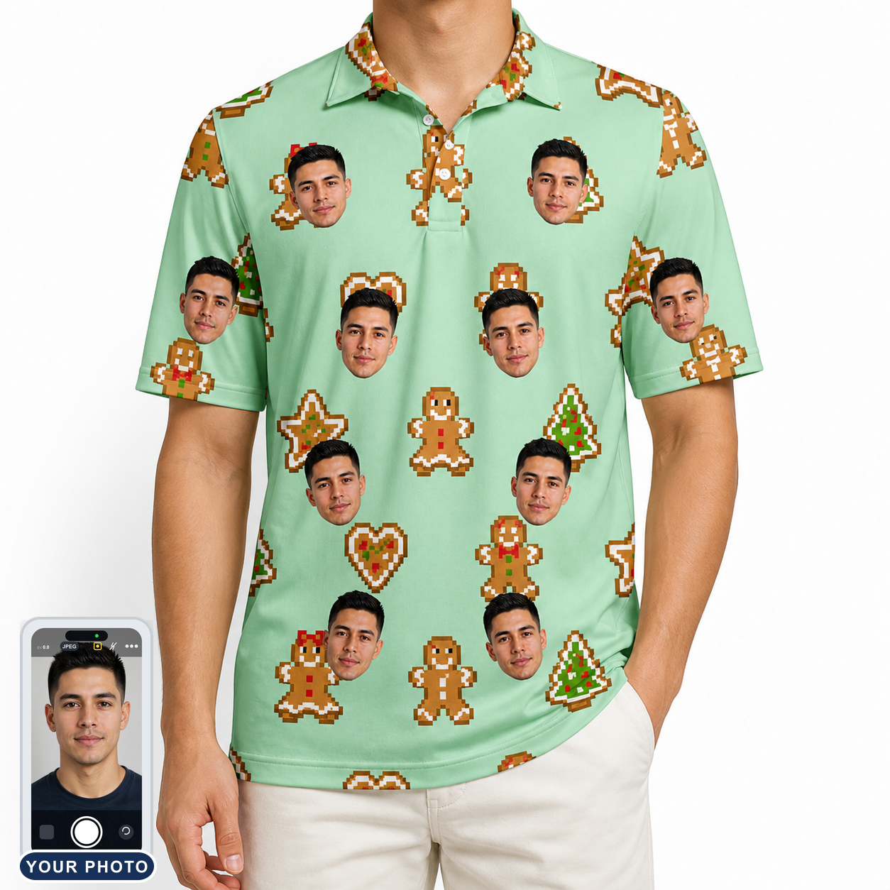 Men's Gingerbread Gallop Custom Face Polo Shirt