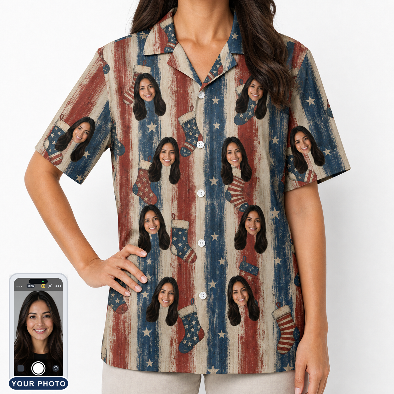 Women's Christmas Cuffs Custom Face Hawaiian Shirt