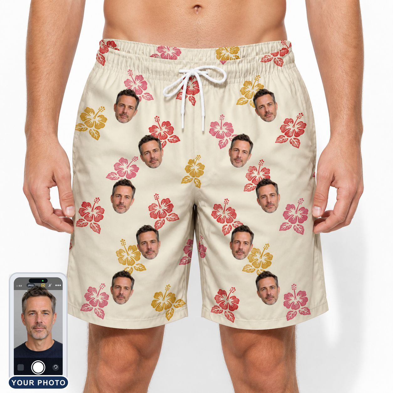 Men's Hibiscus Hustle Custom Face Beach Shorts