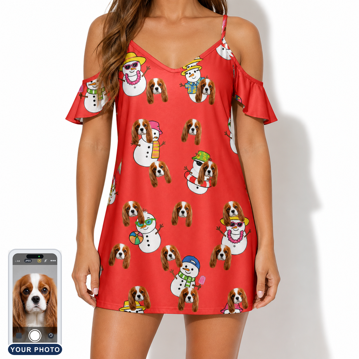 Women's Polar Pantomime Custom Dog Face Off-Shoulder Dress