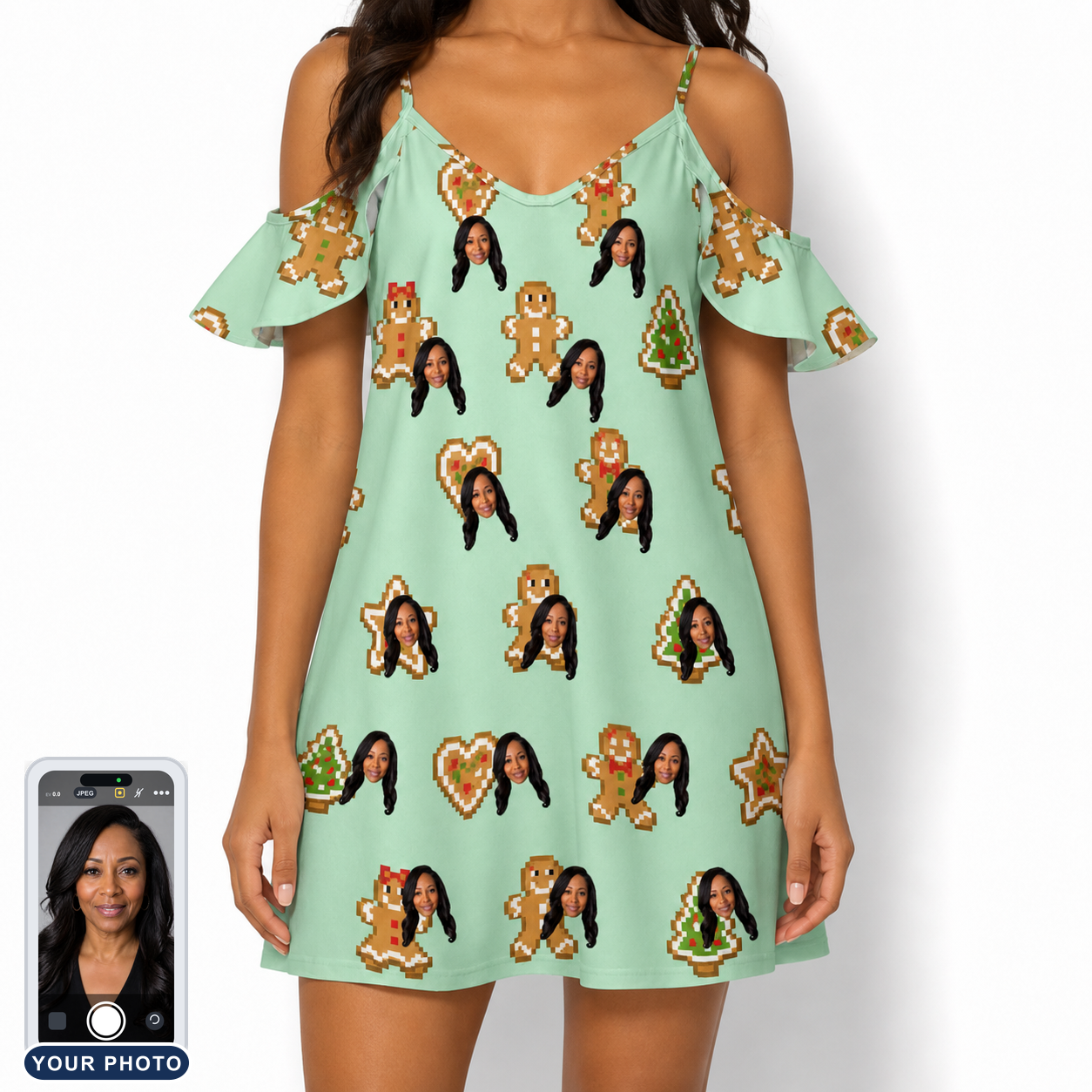 Women's Gingerbread Gallop Custom Face Off-Shoulder Dress