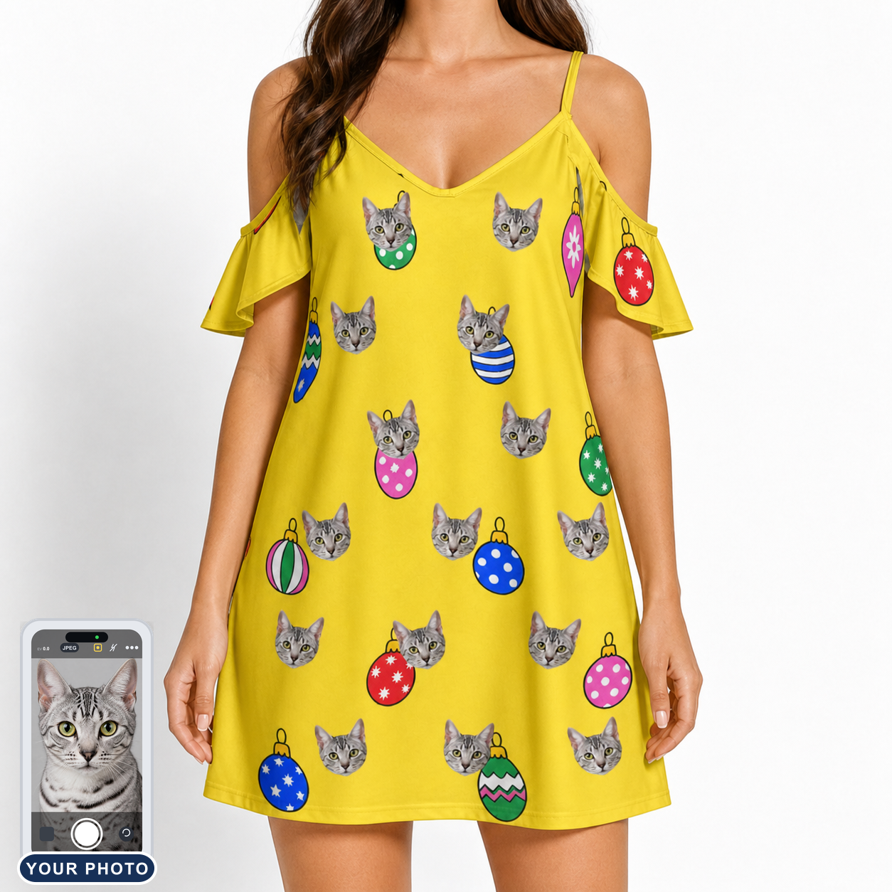 Women's Tree Trinkets Custom Cat Face Off-Shoulder Dress
