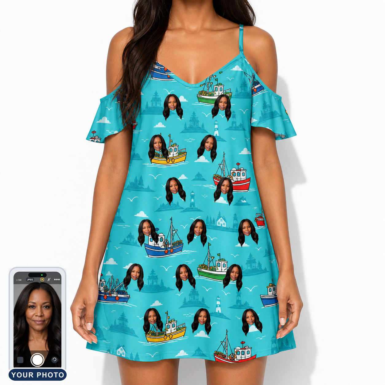 Women's Skiff Happens Custom Face Off-Shoulder Dress