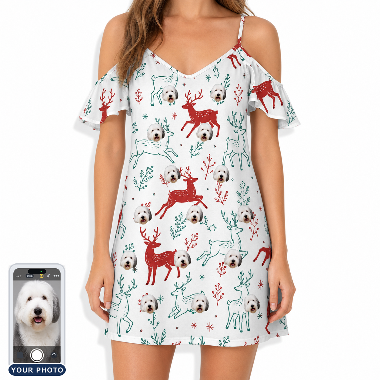 Women's Prancer Pranks Custom Dog Face Off-Shoulder Dress