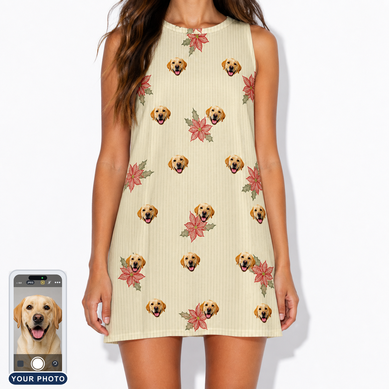 Women's Poinsettia Pop Custom Dog Face Tank Dress