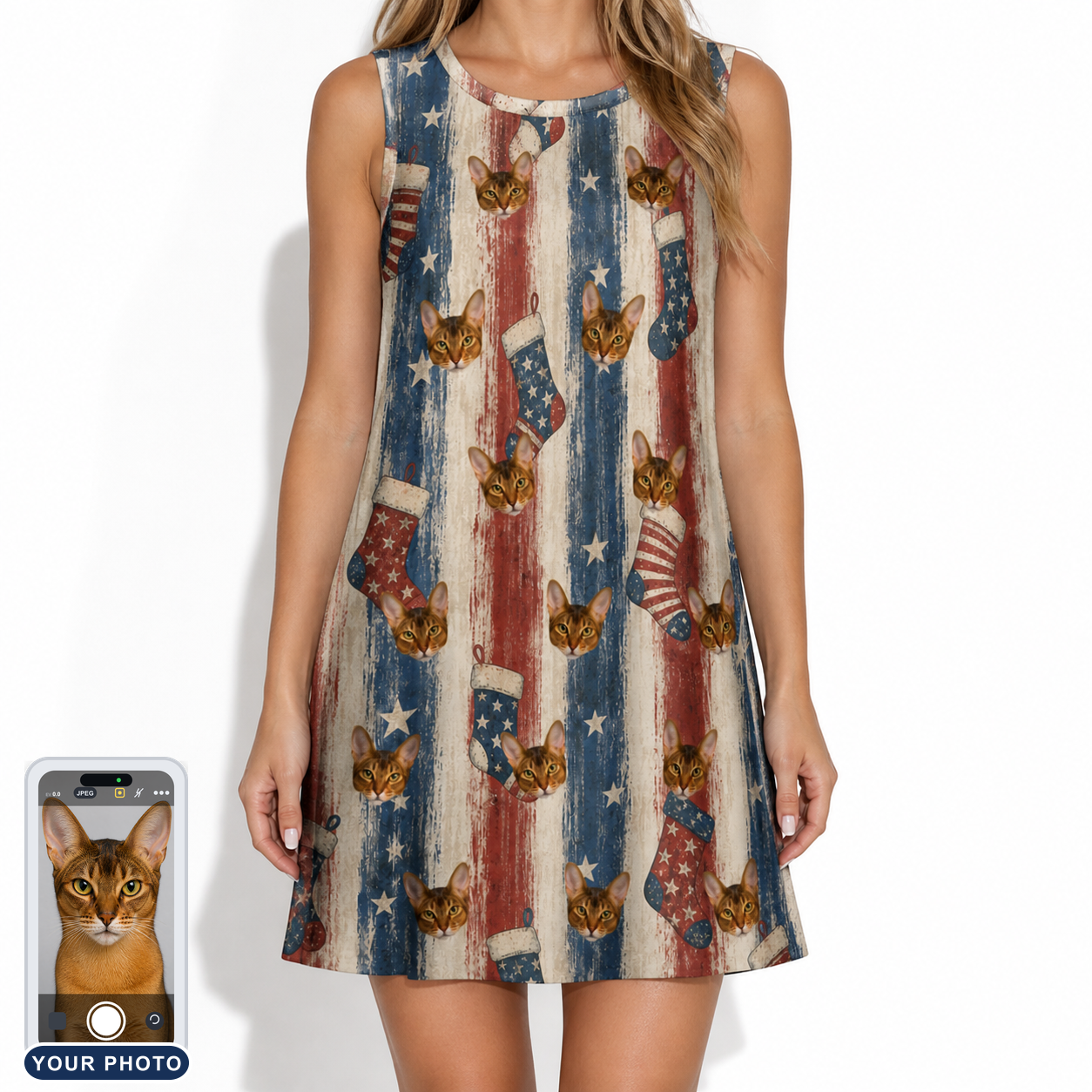 Women's Christmas Cuffs Custom Cat Face Tank Dress