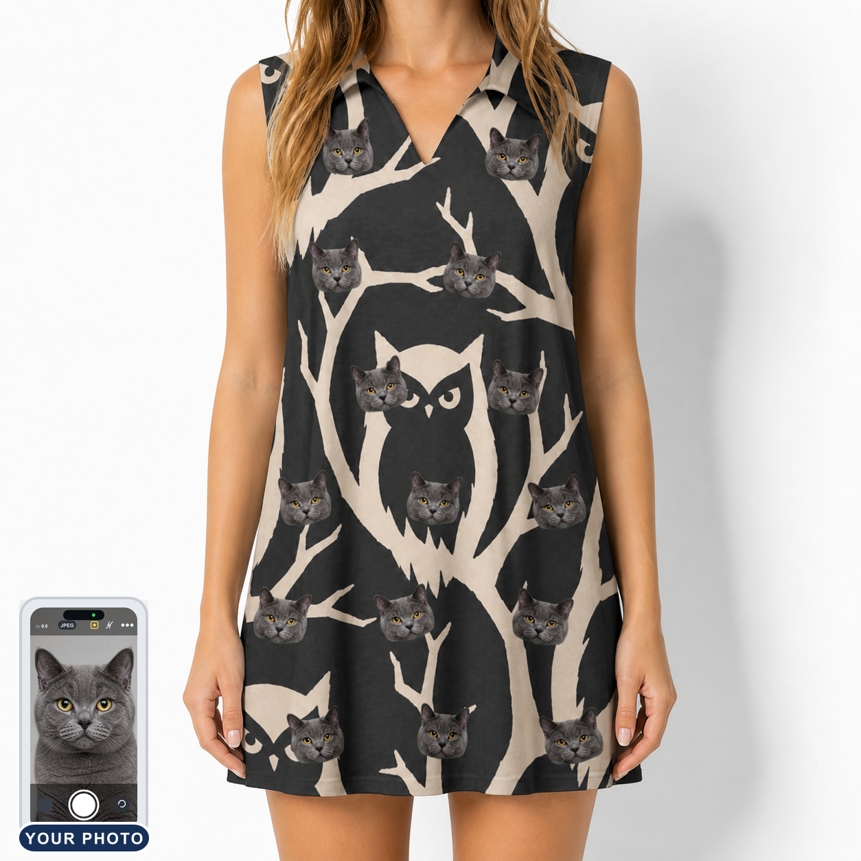 Women's Midnight Moonhoot Custom Cat Face V-Neck Dress