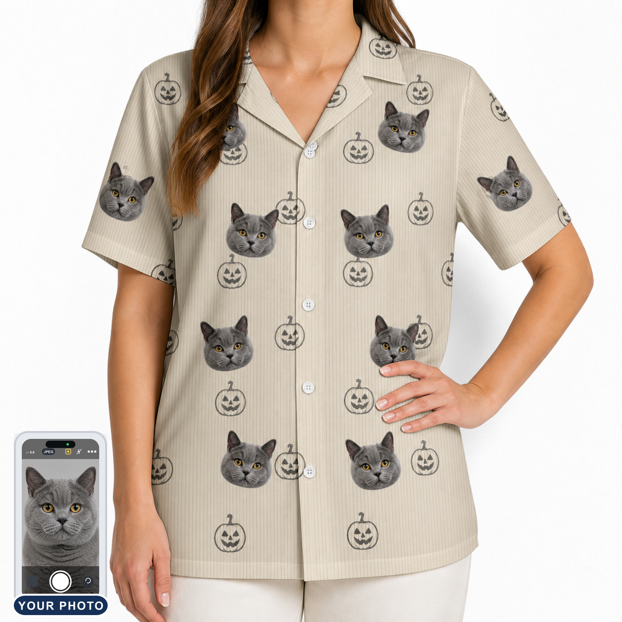 Women's Cucurbit Chuckles Custom Cat Face Hawaiian Shirt