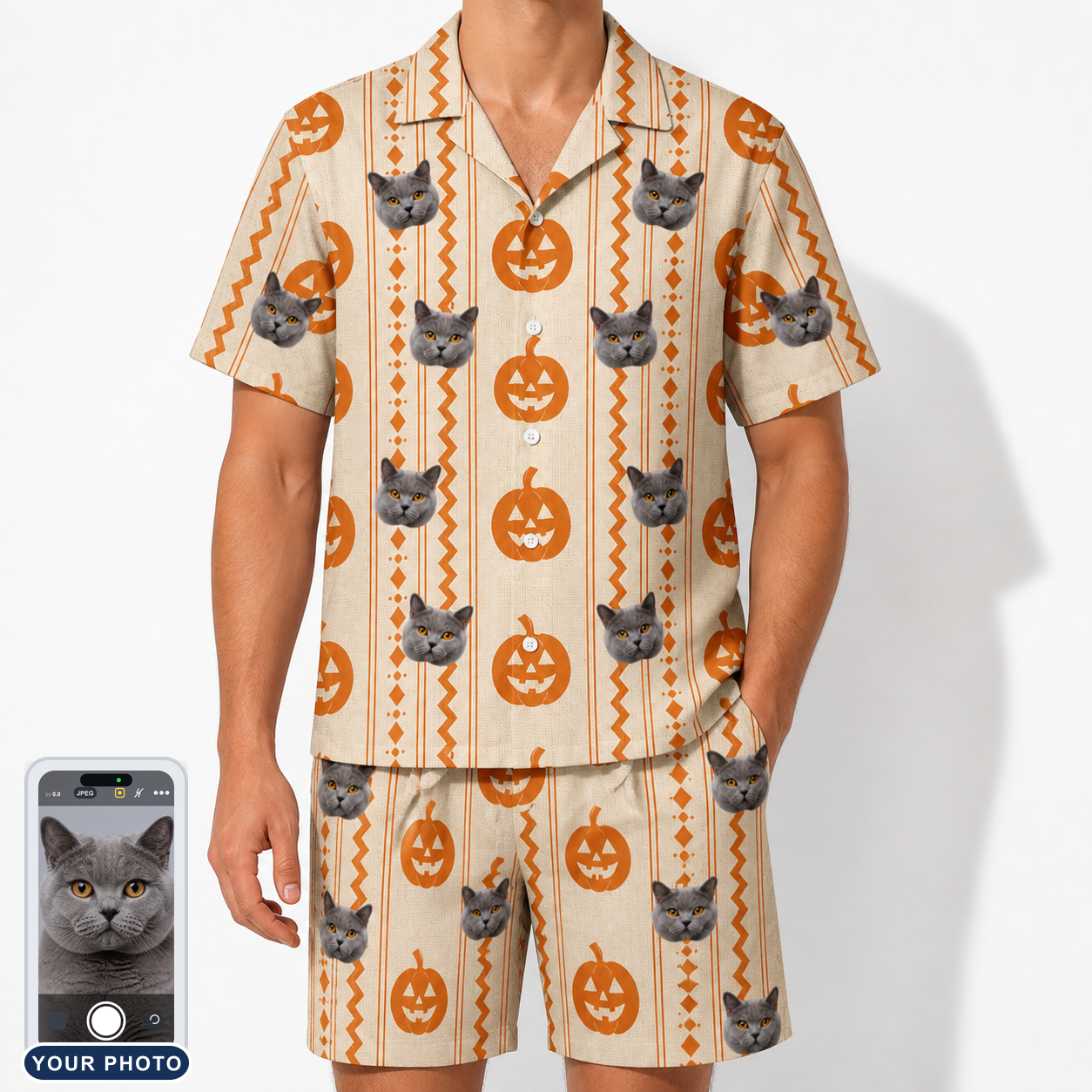 Men's Spooky Squash Custom Cat Face Shirt & Shorts Set