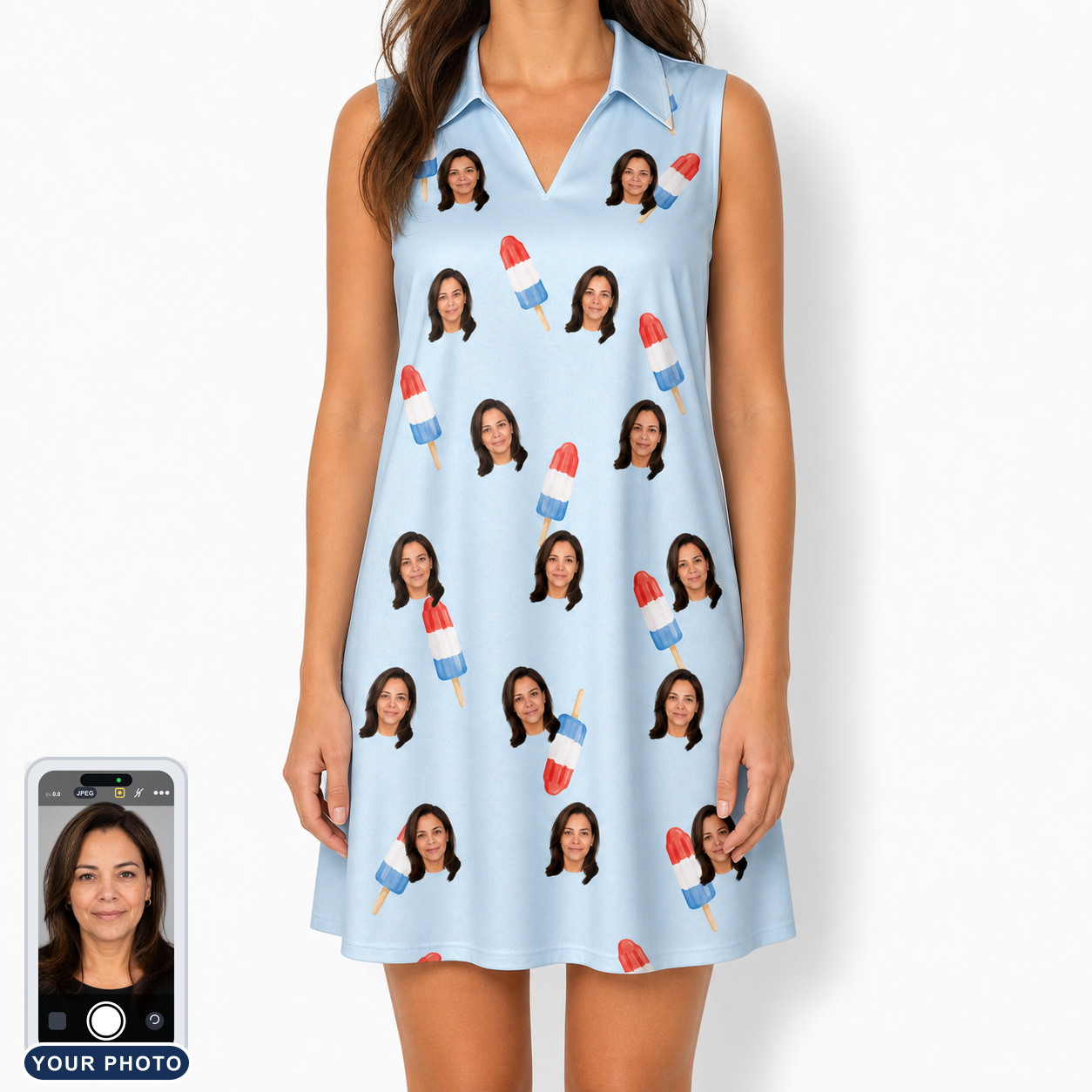 Women's Red White Chill Custom Face V-Neck Dress