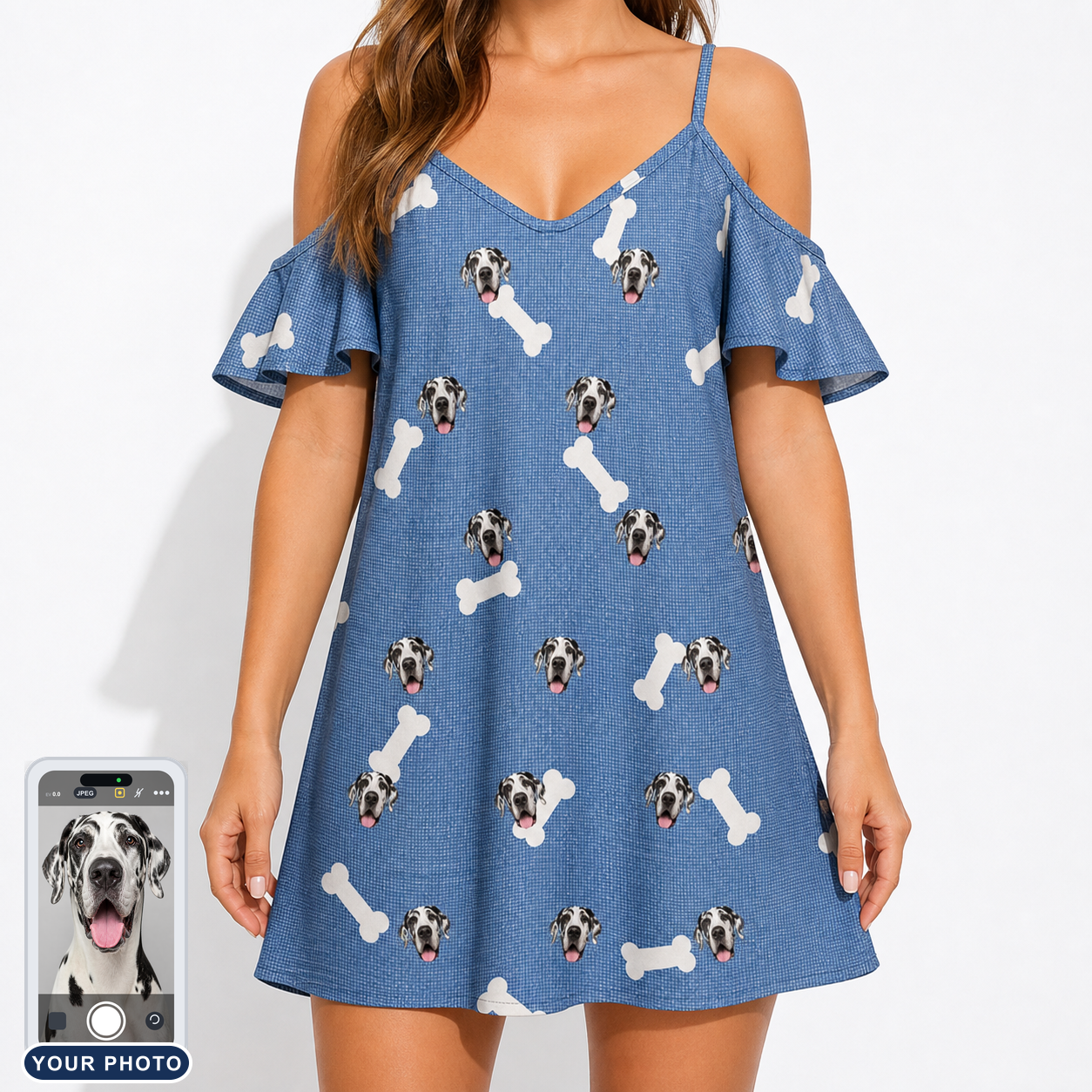 Women's Waggle Wafers Custom Dog Face Off-Shoulder Dress