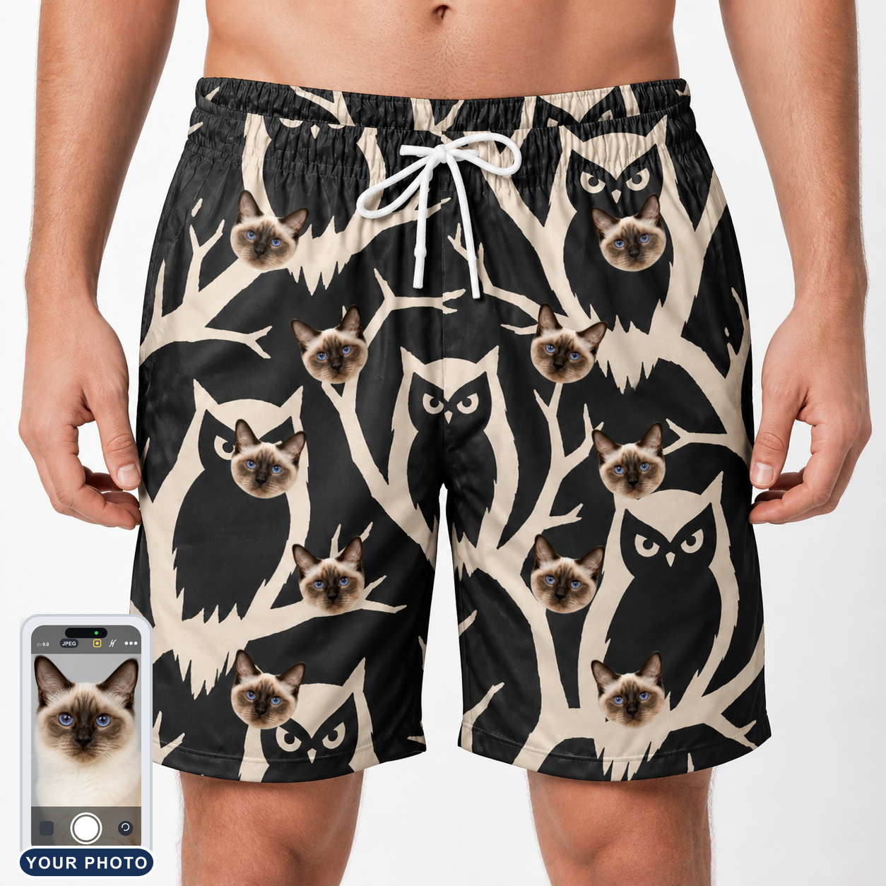 Men's Midnight Moonhoot Custom Cat Face Beach Shorts