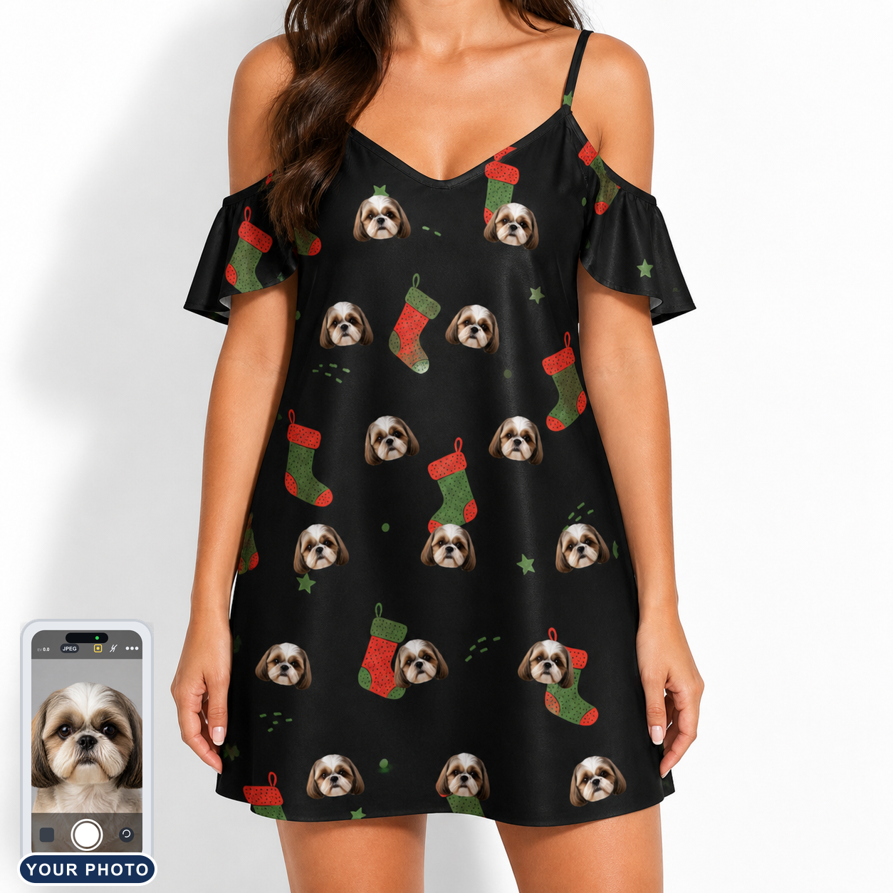 Women's Stocking Stuffer Custom Dog Face Off-Shoulder Dress