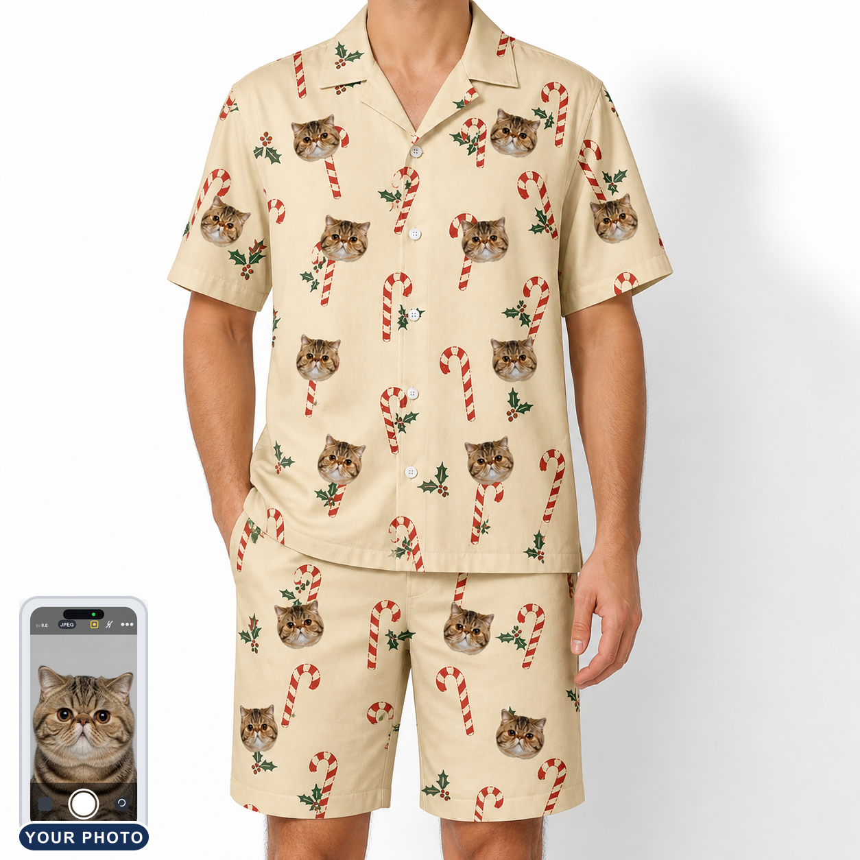 Men's Minty Mistletoe Custom Cat Face Shirt & Shorts Set