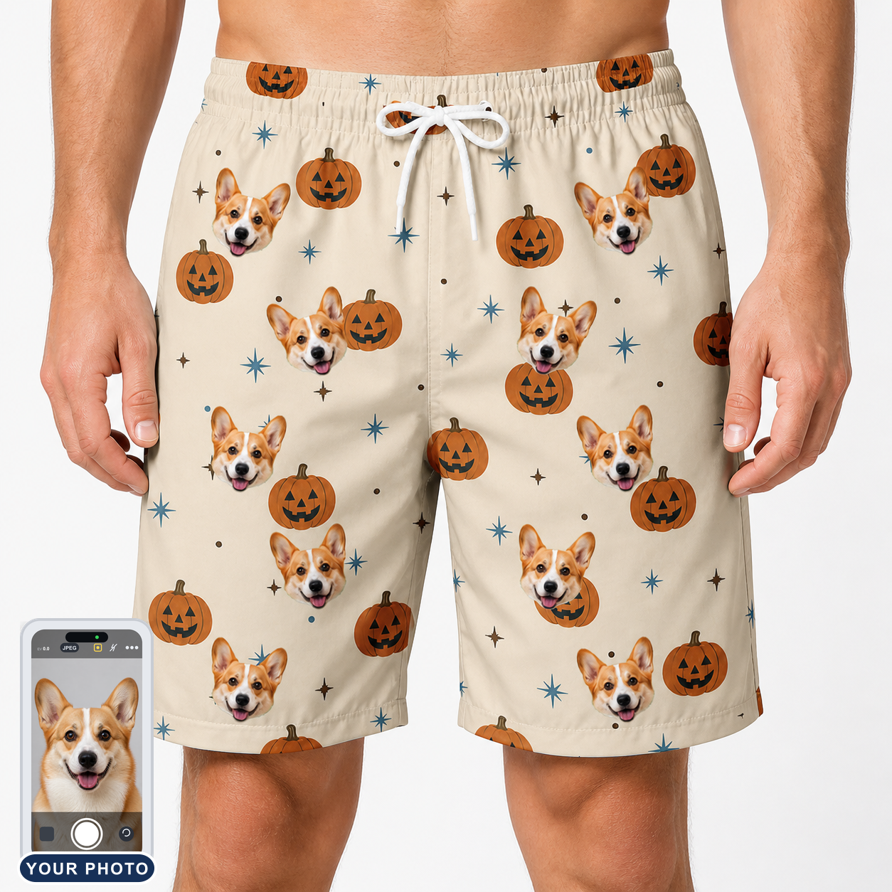 Men's Lantern Laughs Custom Dog Face Beach Shorts