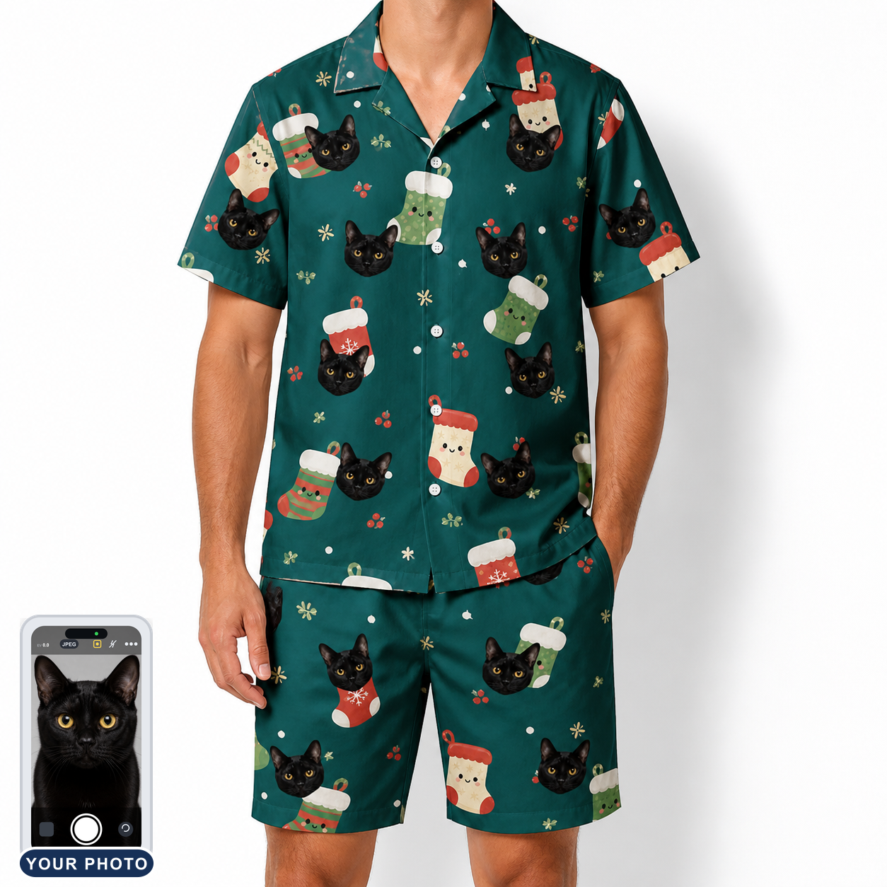 Men's Chimney Cheer Custom Cat Face Shirt & Shorts Set
