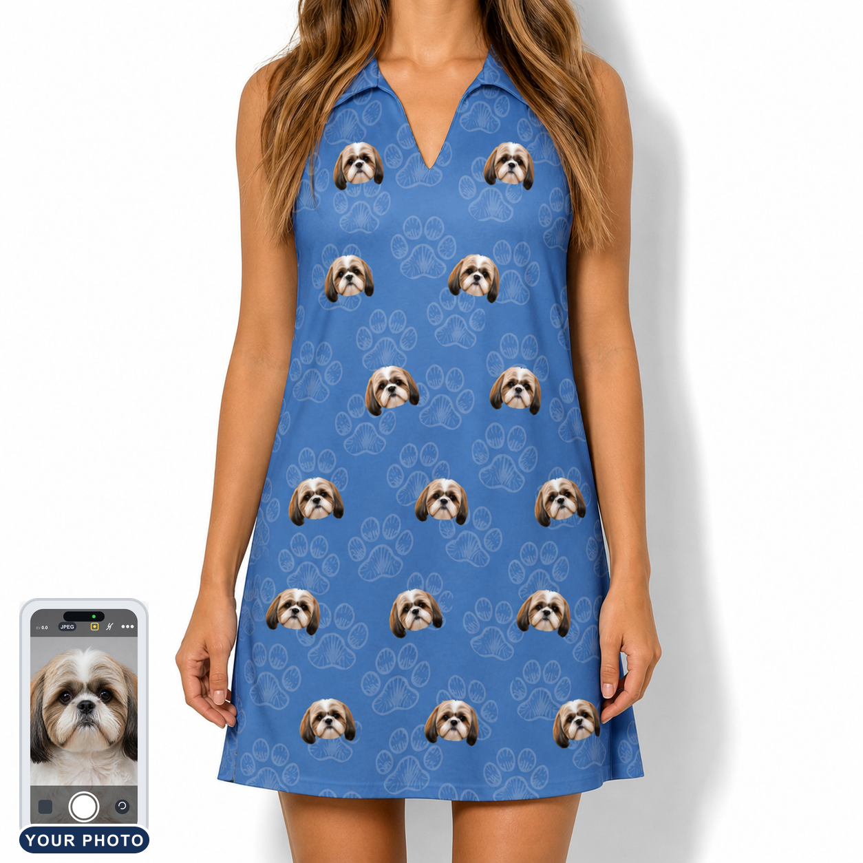 Women's Kibble Cartography Custom Dog Face V-Neck Dress
