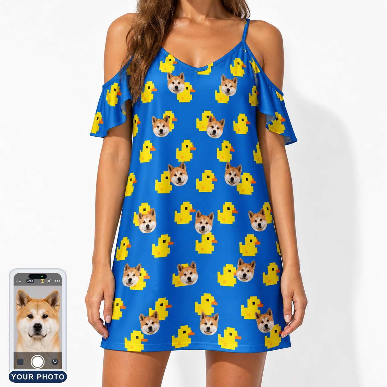 Women's Bark Bath Custom Dog Face Off-Shoulder Dress