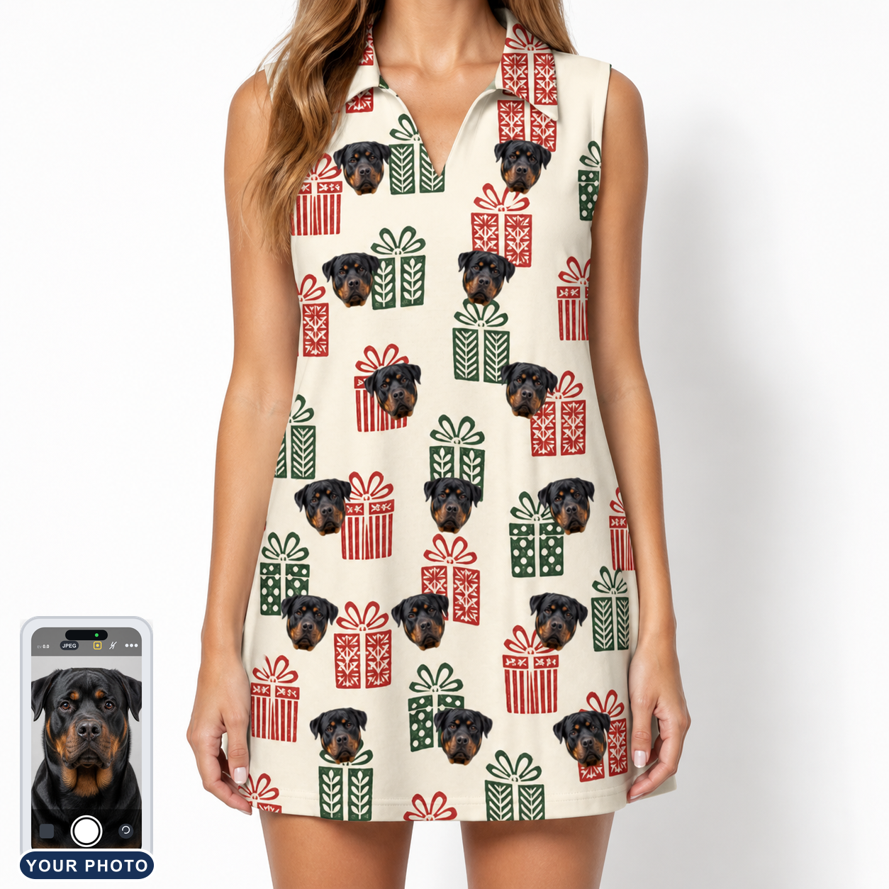 Women's Bowtiful Bundles Custom Dog Face V-Neck Dress