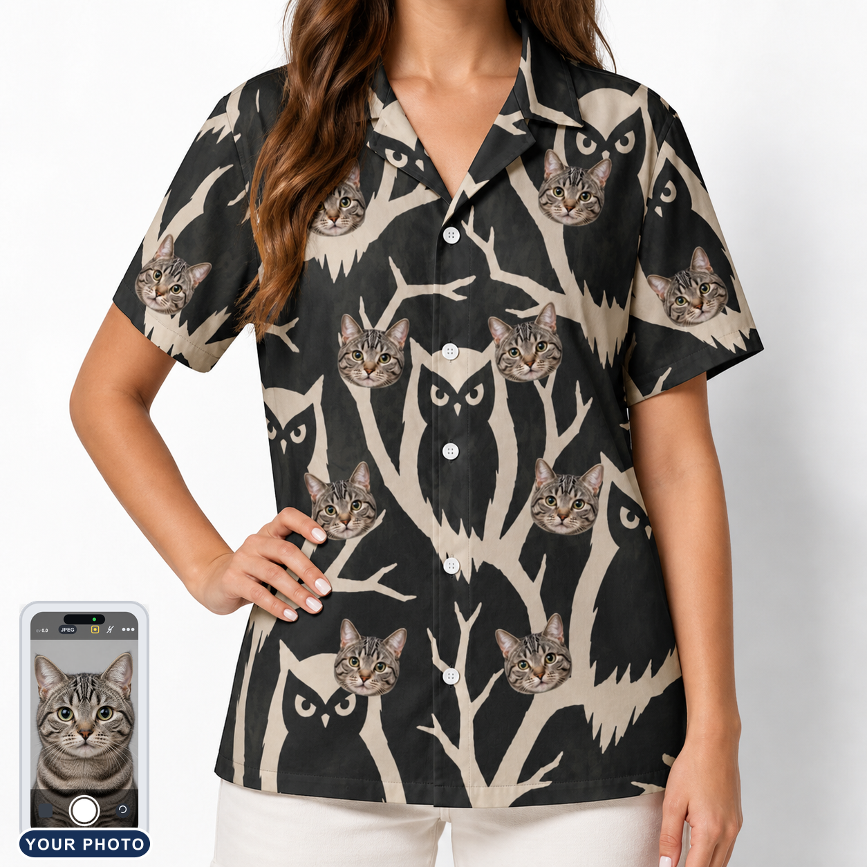 Women's Midnight Moonhoot Custom Cat Face Hawaiian Shirt
