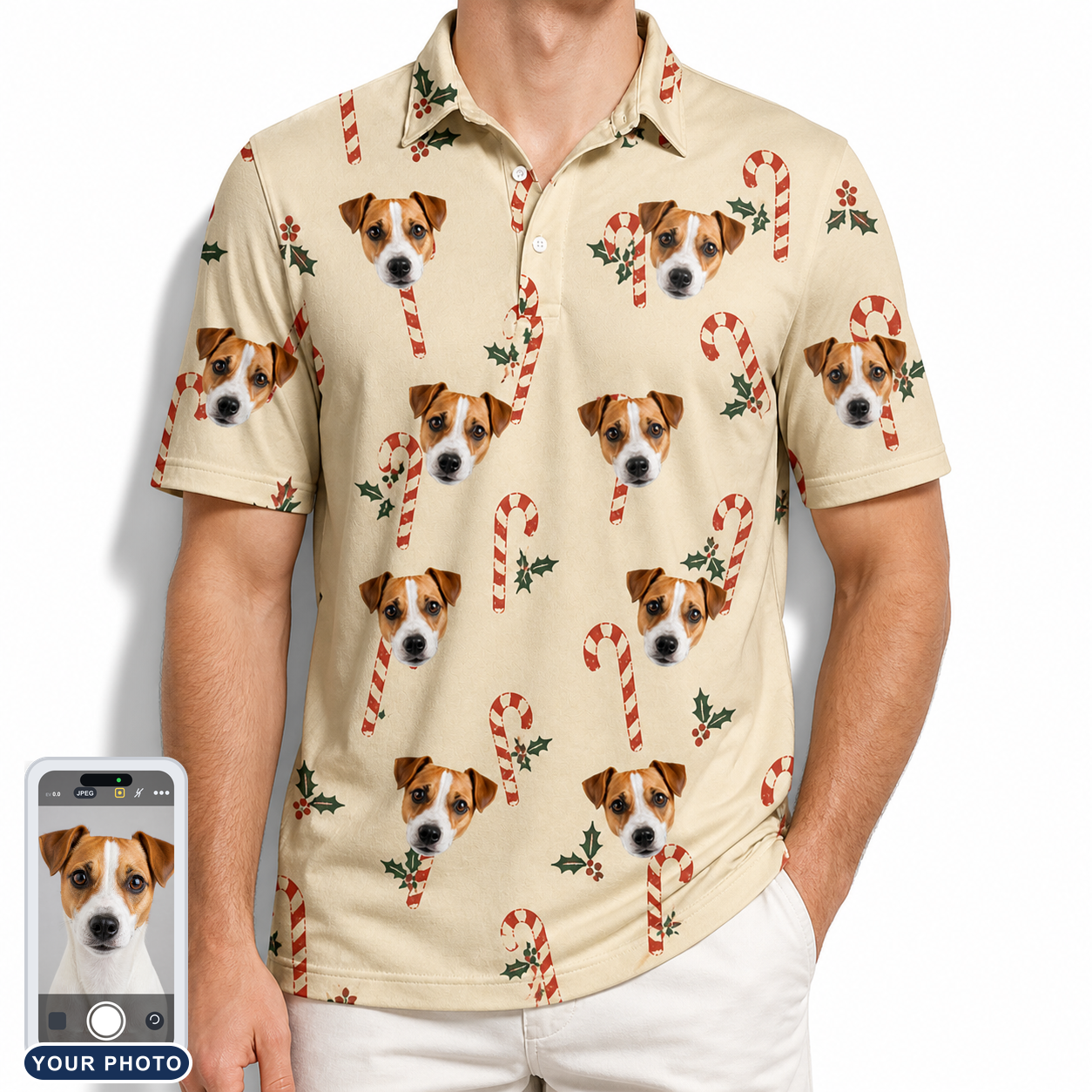 Men's Minty Mistletoe Custom Dog Face Polo Shirt