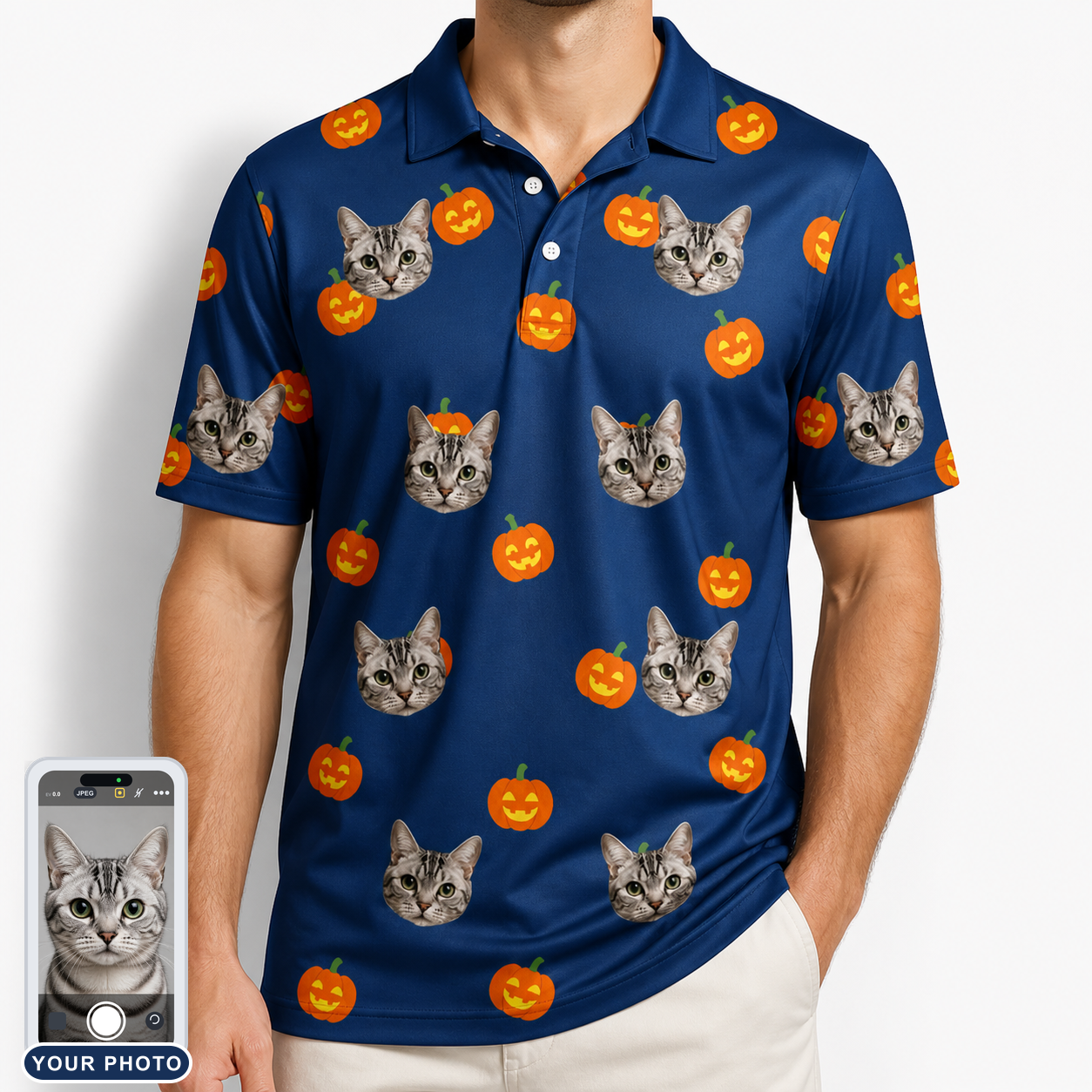 Men's Orange Oddities Custom Cat Face Polo Shirt