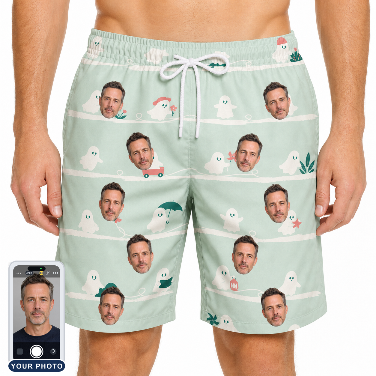 Men's Ghostly Goofballs Custom Face Beach Shorts