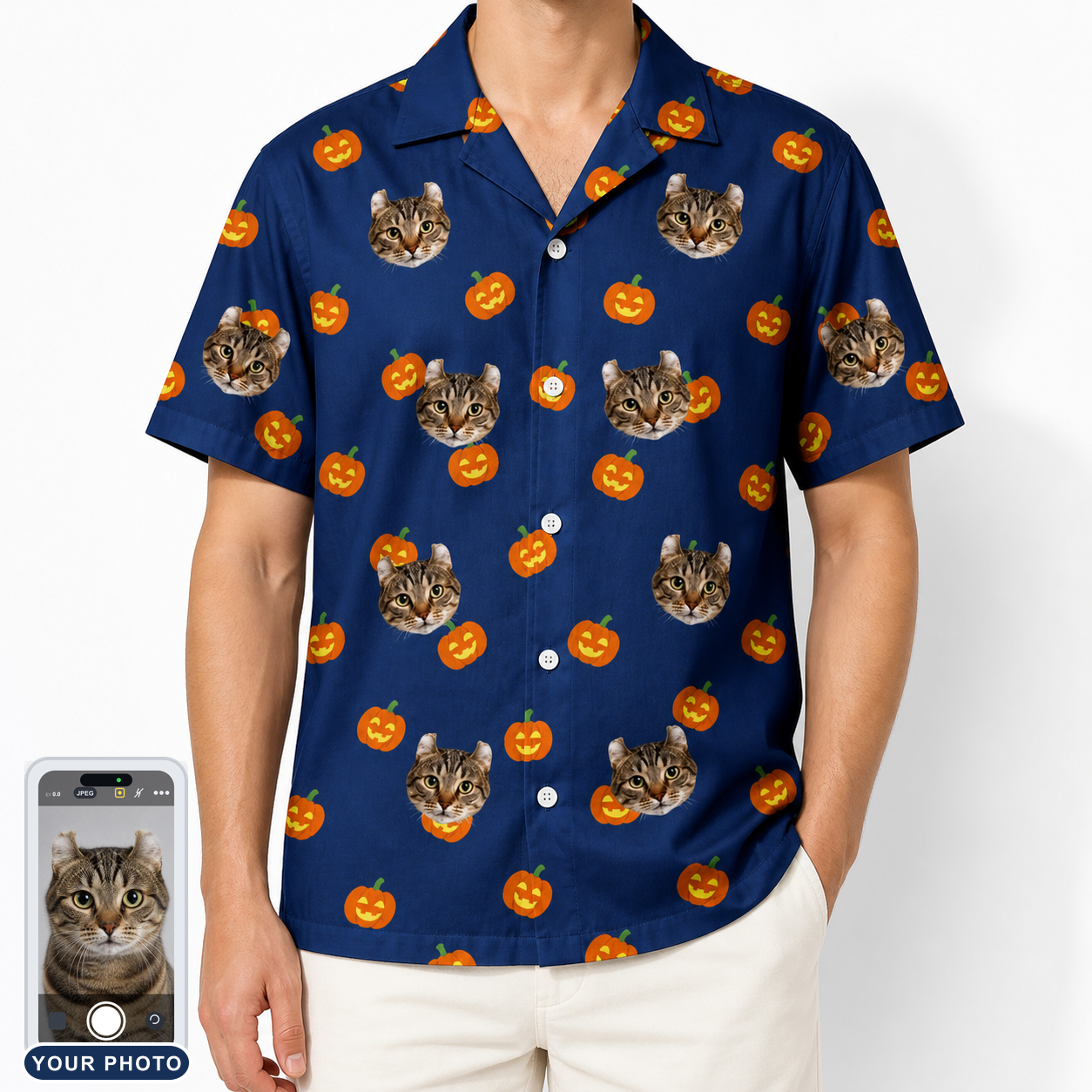 Men's Orange Oddities Custom Cat Face Hawaiian Shirt