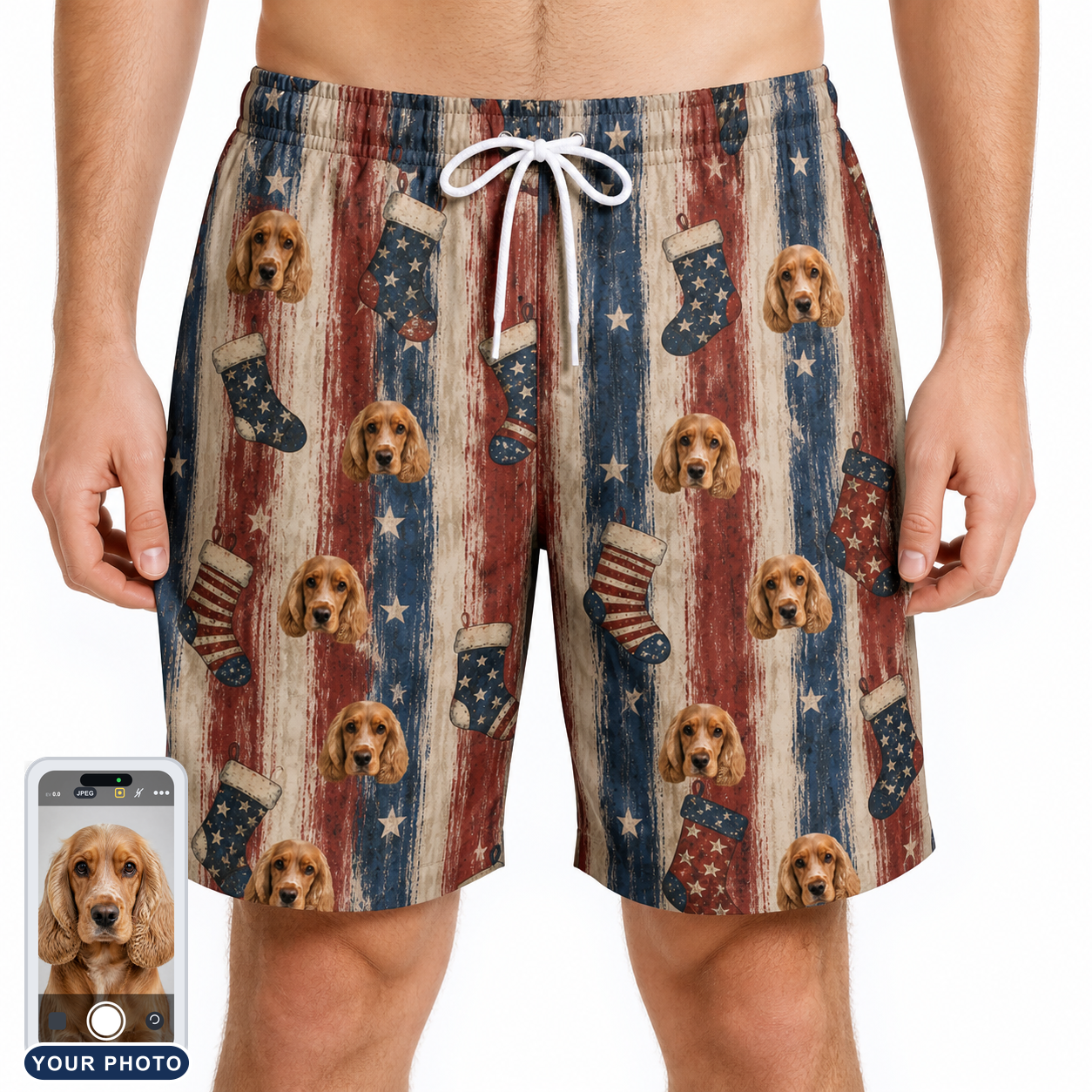 Men's Christmas Cuffs Custom Dog Face Beach Shorts