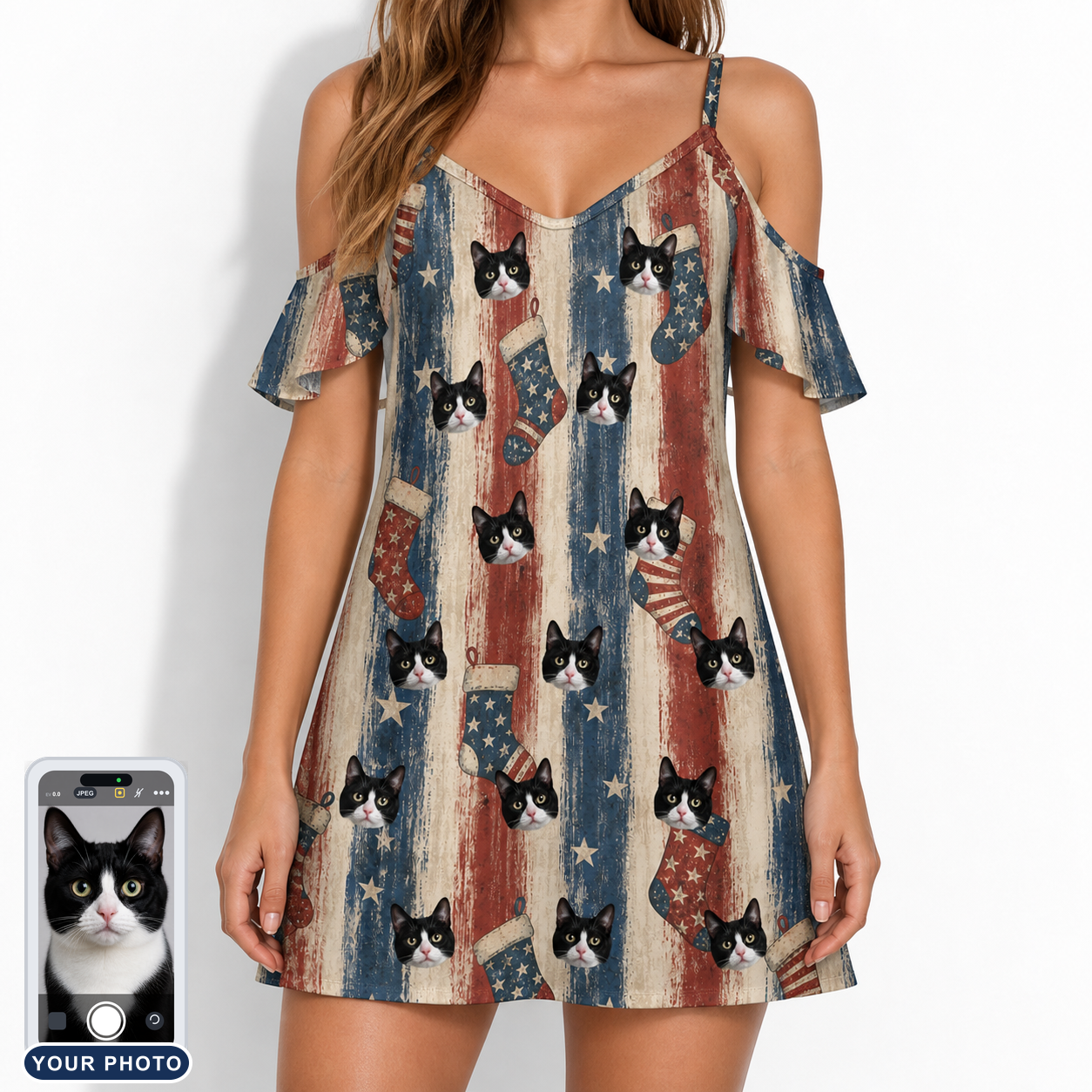 Women's Christmas Cuffs Custom Cat Face Off-Shoulder Dress