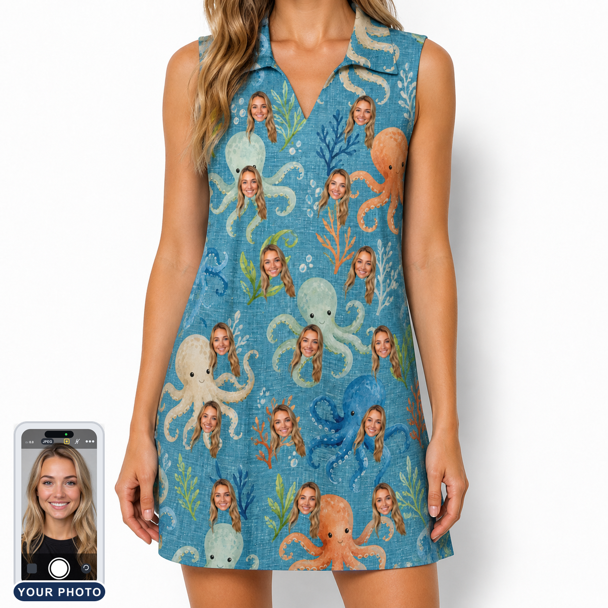 Women's Octopus Ocean Custom Face V-Neck Dress