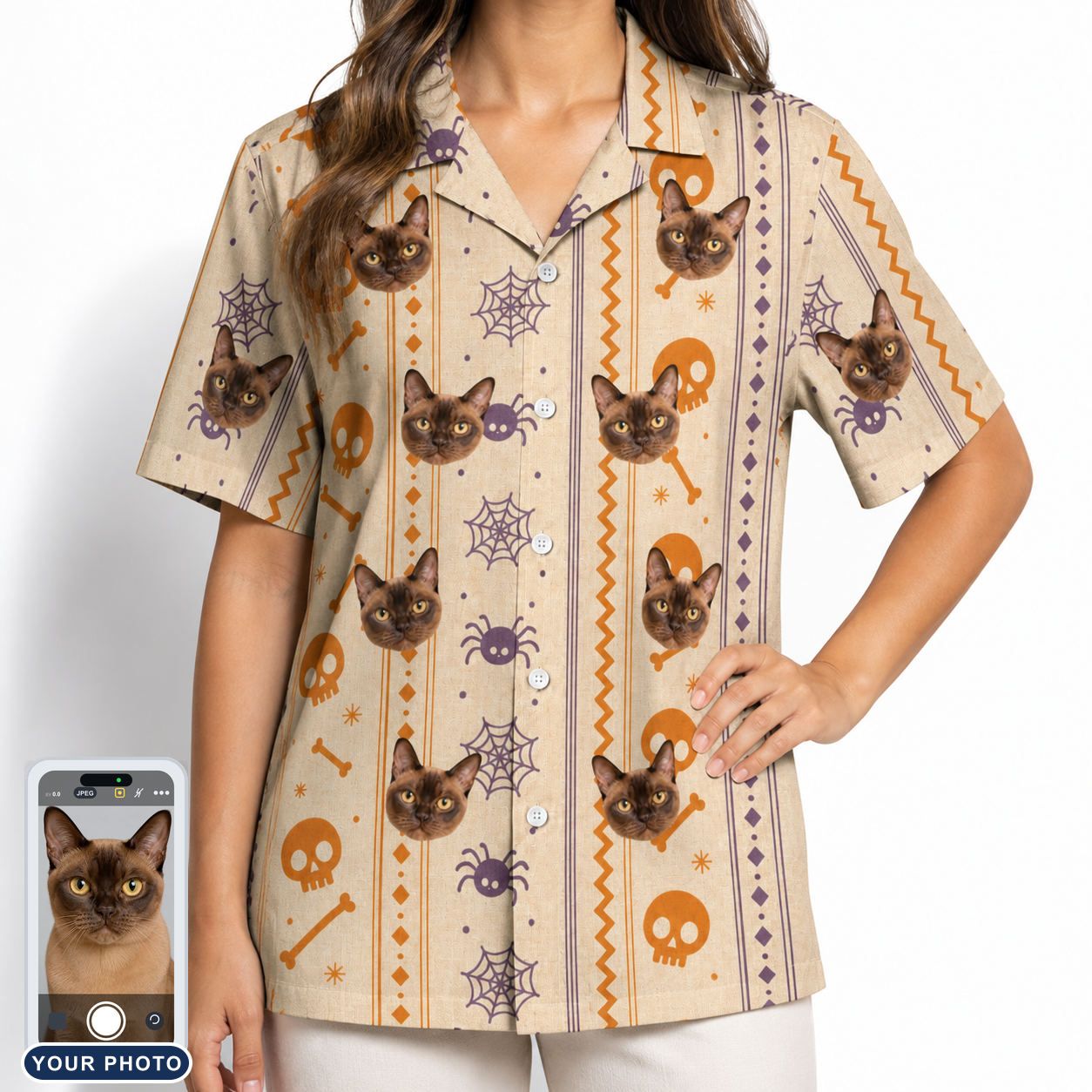 Women's Webbed Bones Custom Cat Face Hawaiian Shirt