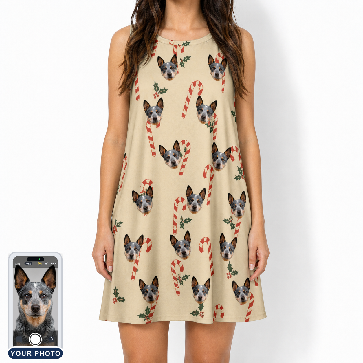 Women's Minty Mistletoe Custom Dog Face Tank Dress