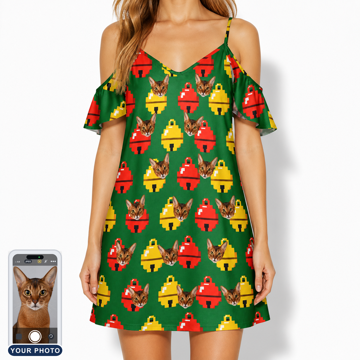 Women's Ringing Revelry Custom Cat Face Off-Shoulder Dress