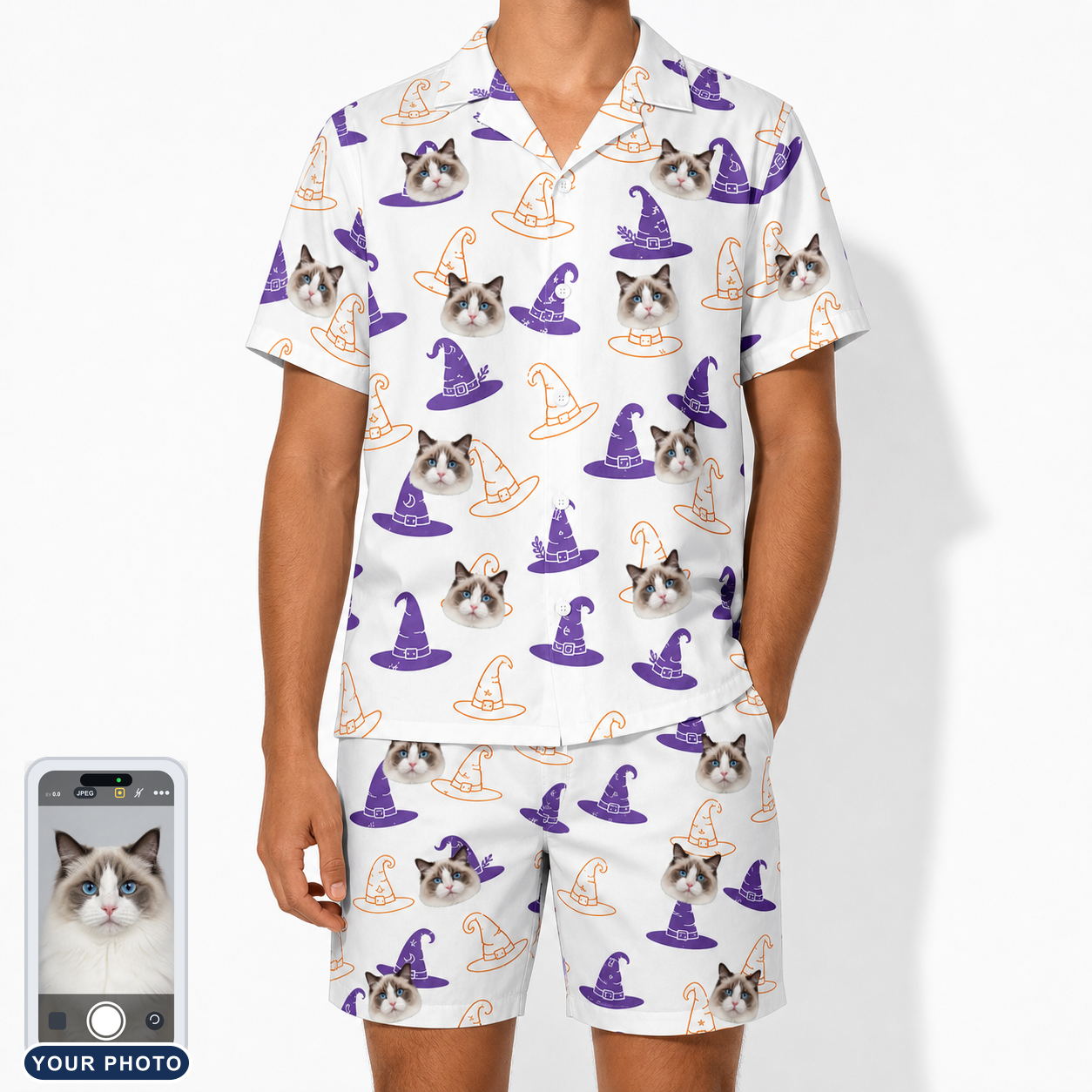 Men's Cauldron Crowns Custom Cat Face Shirt & Shorts Set