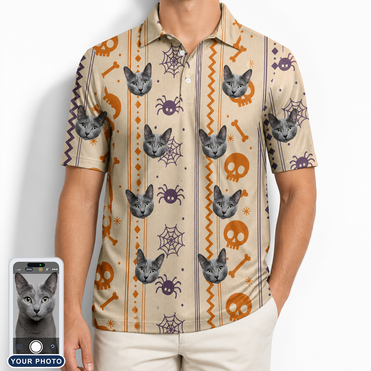 Men's Webbed Bones Custom Cat Face Polo Shirt