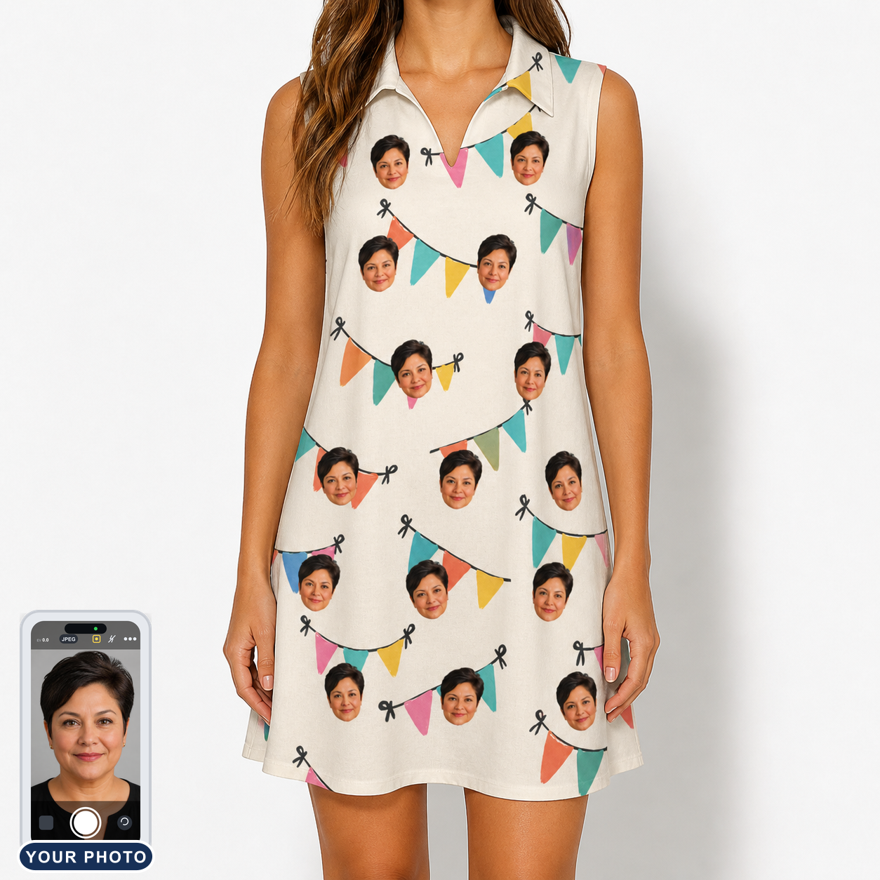Women's Folksy Flutter Custom Face V-Neck Dress