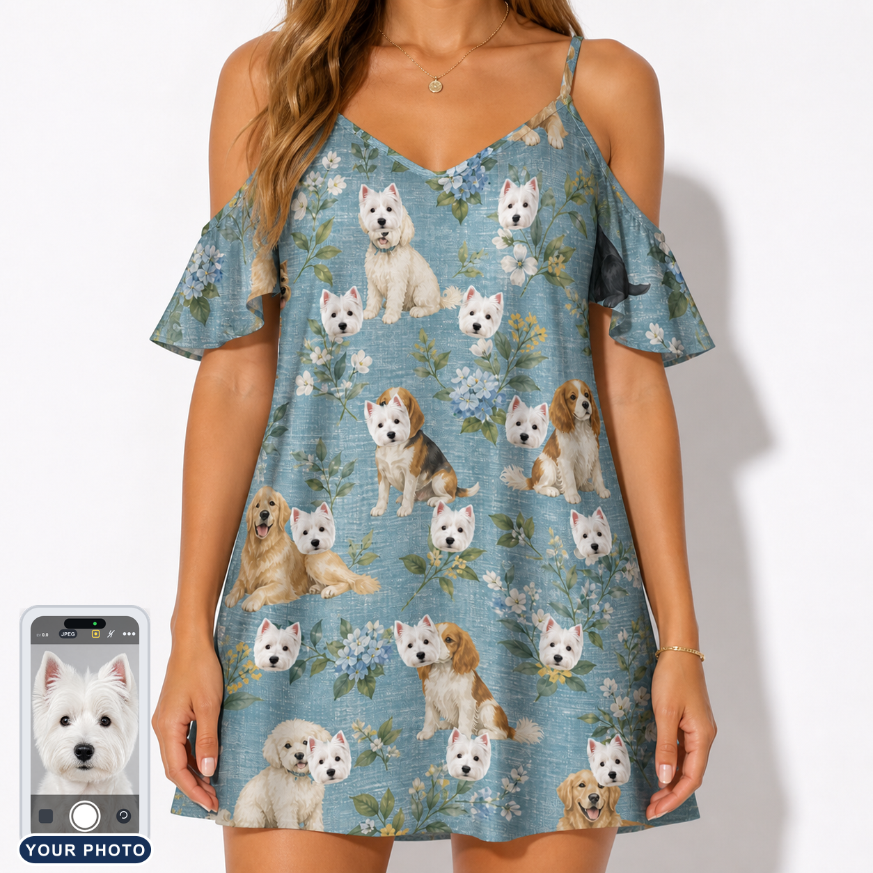 Women's Doggone Doodles Custom Dog Face Off-Shoulder Dress