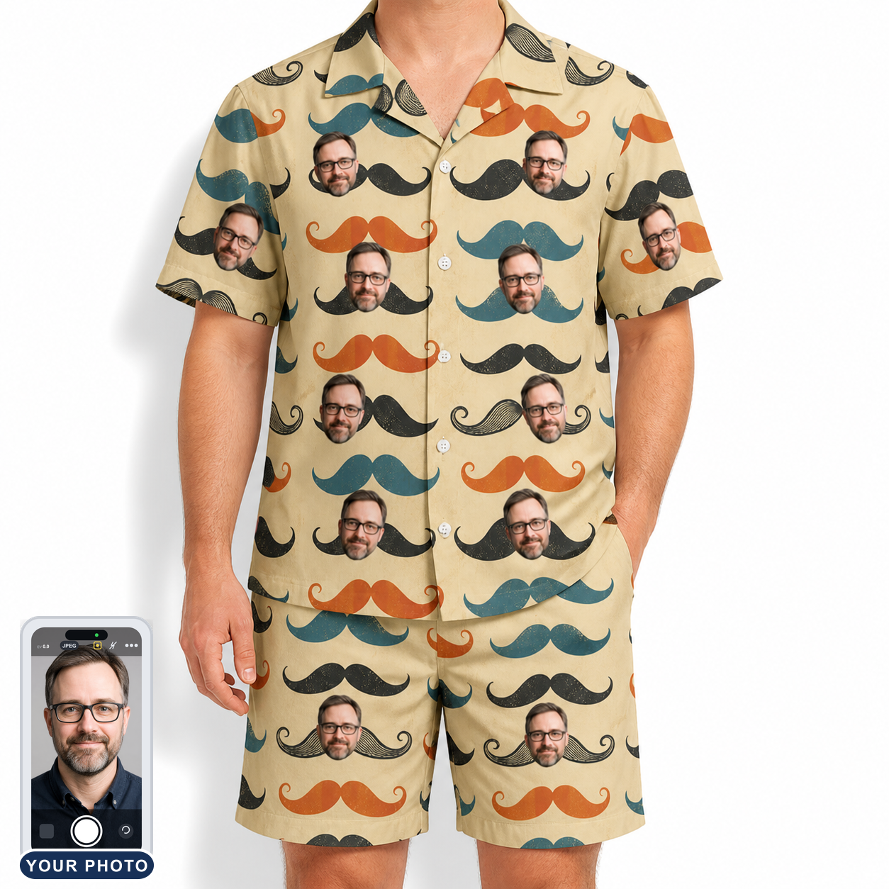 Men's Stache Celebration Custom Face Shirt & Shorts Set