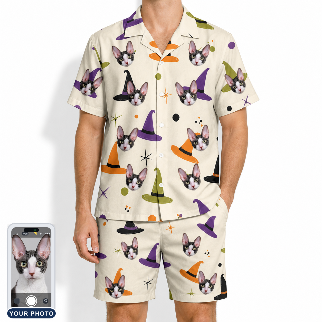 Men's Hexed Headwear Custom Cat Face Shirt & Shorts Set