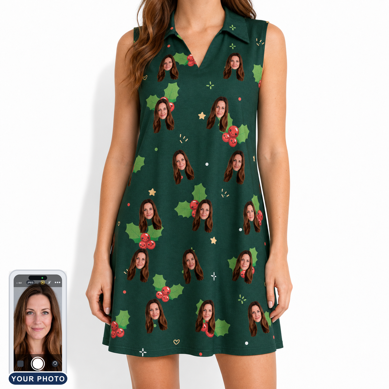 Women's Festive Foliage Custom Face V-Neck Dress