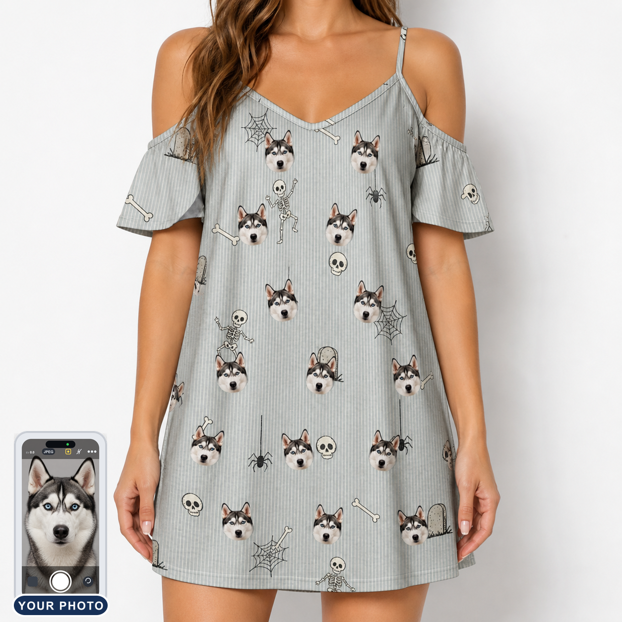Women's Tombstone Tango Custom Dog Face Off-Shoulder Dress