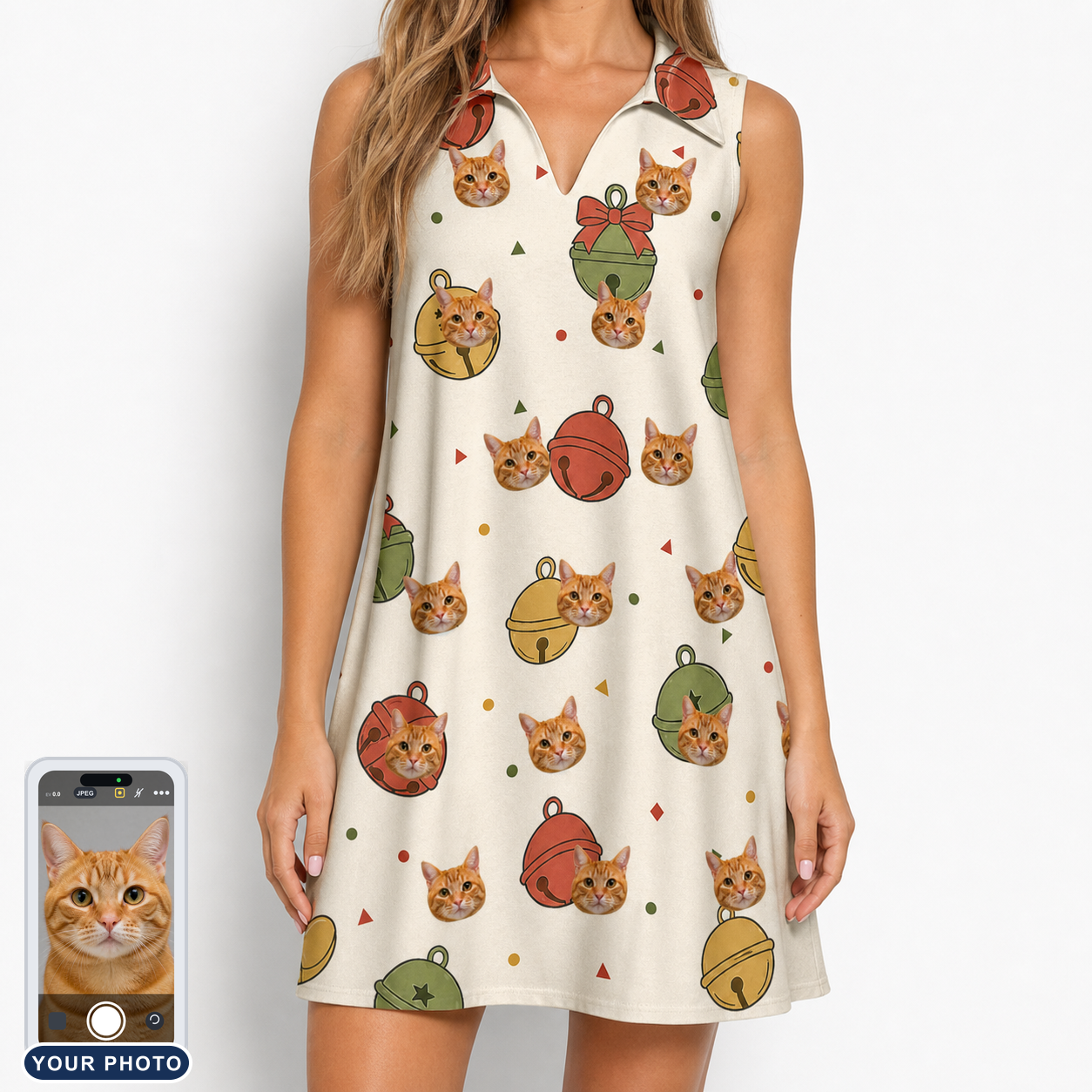 Women's Chime Charms Custom Cat Face V-Neck Dress