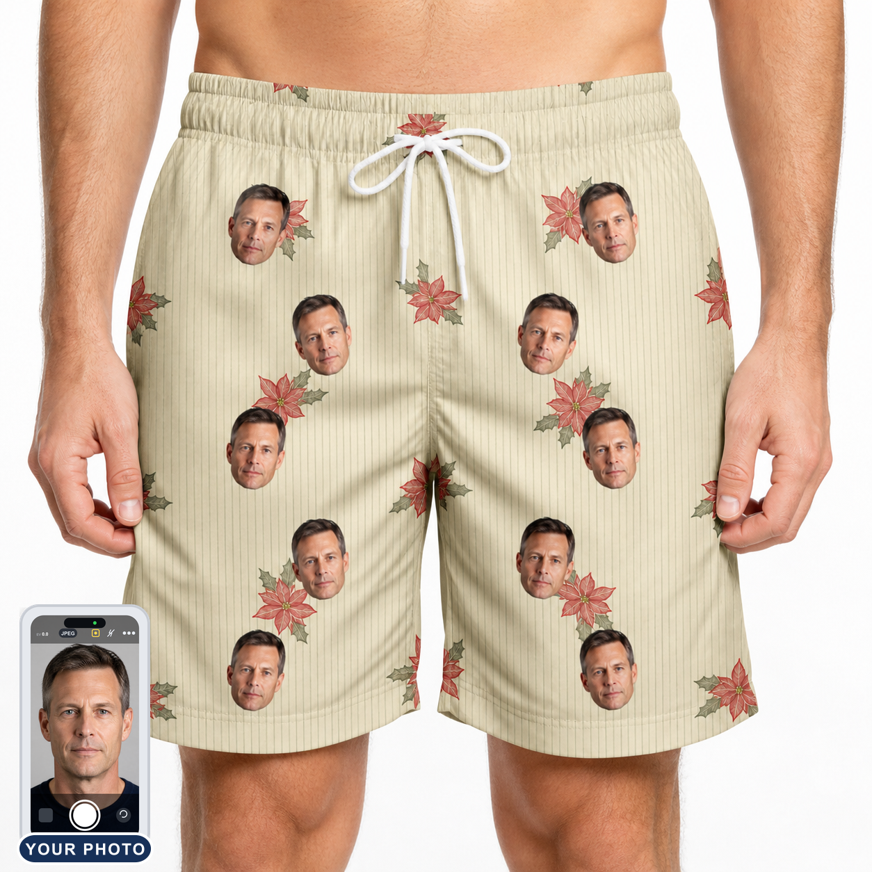 Men's Poinsettia Pop Custom Face Beach Shorts