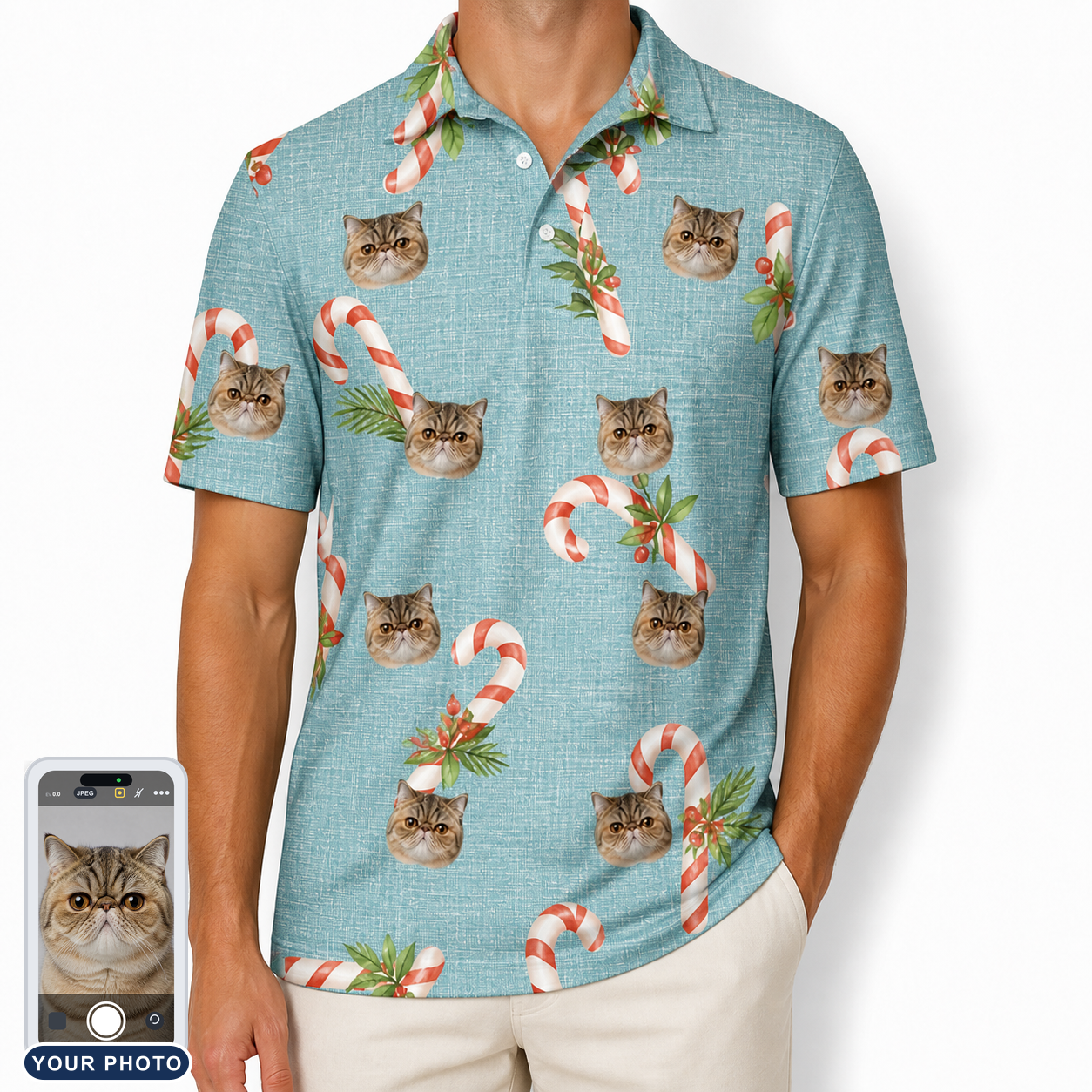 Men's Cane Carousel Custom Cat Face Polo Shirt