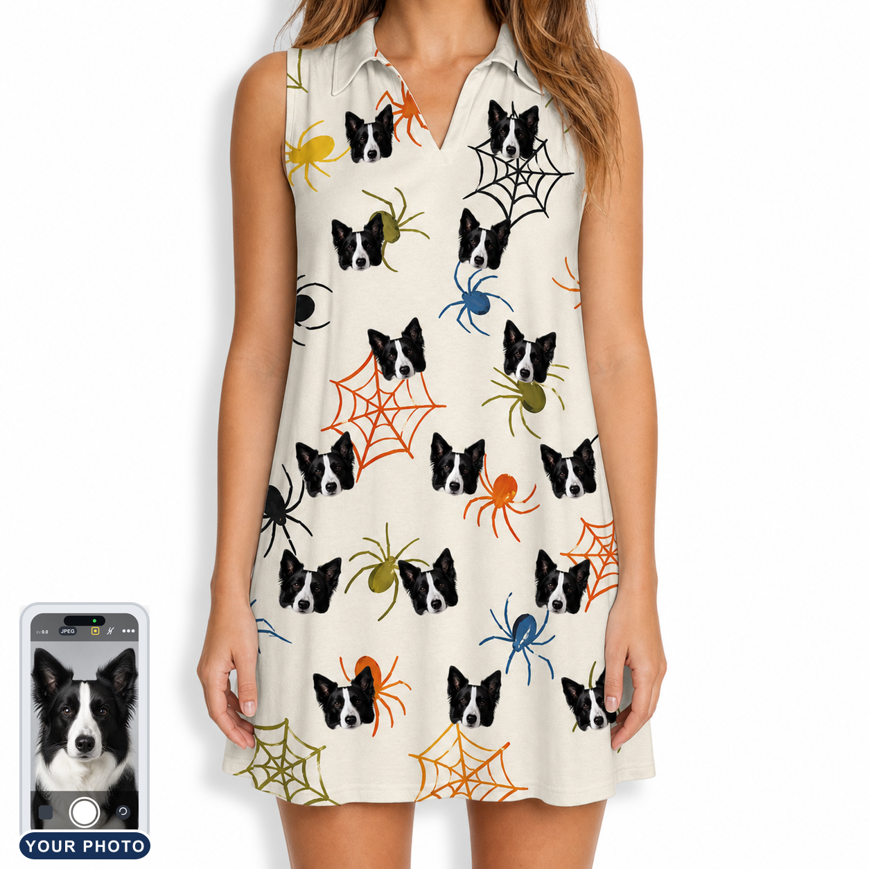 Women's Creepy Crawlers Custom Dog Face V-Neck Dress