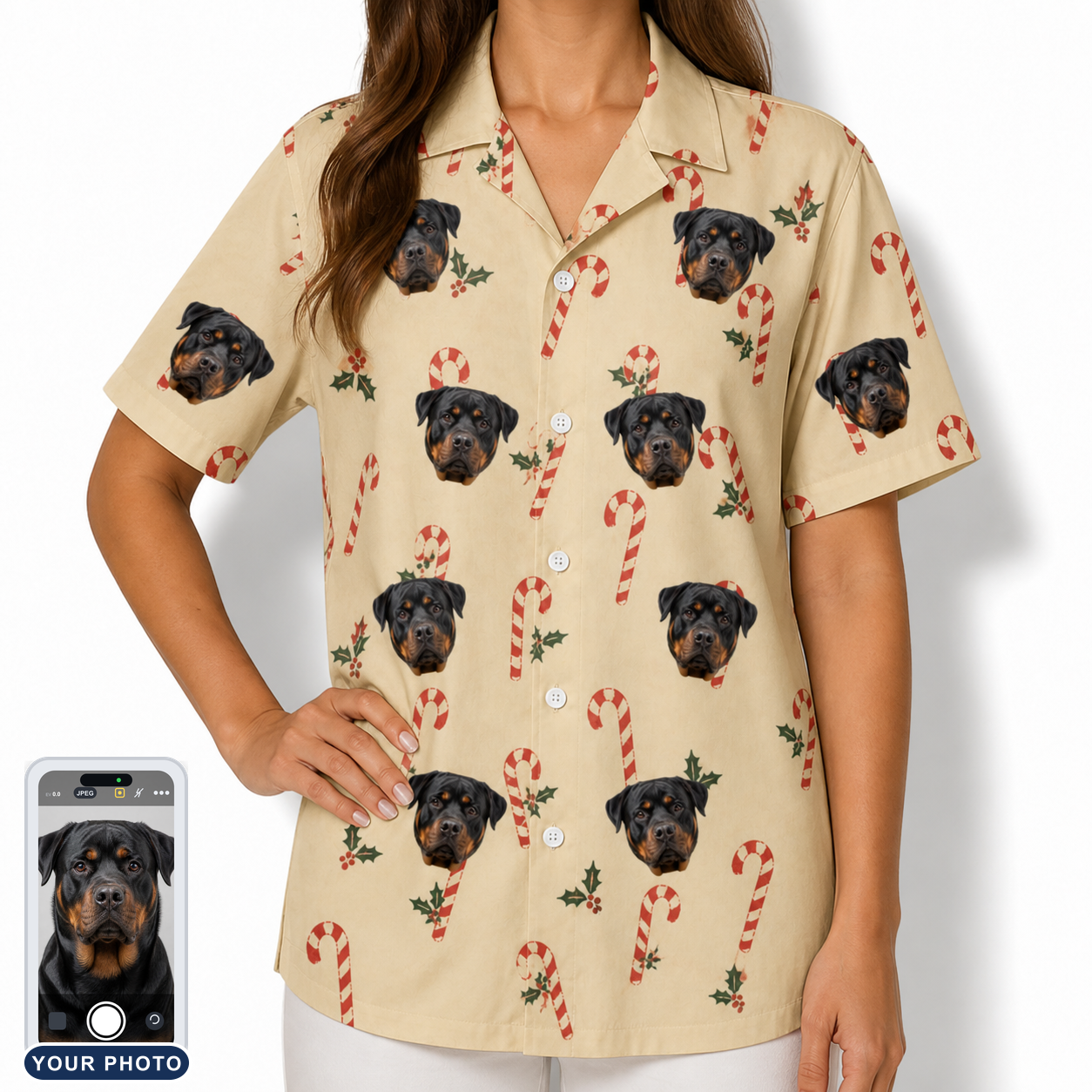 Women's Minty Mistletoe Custom Dog Face Hawaiian Shirt