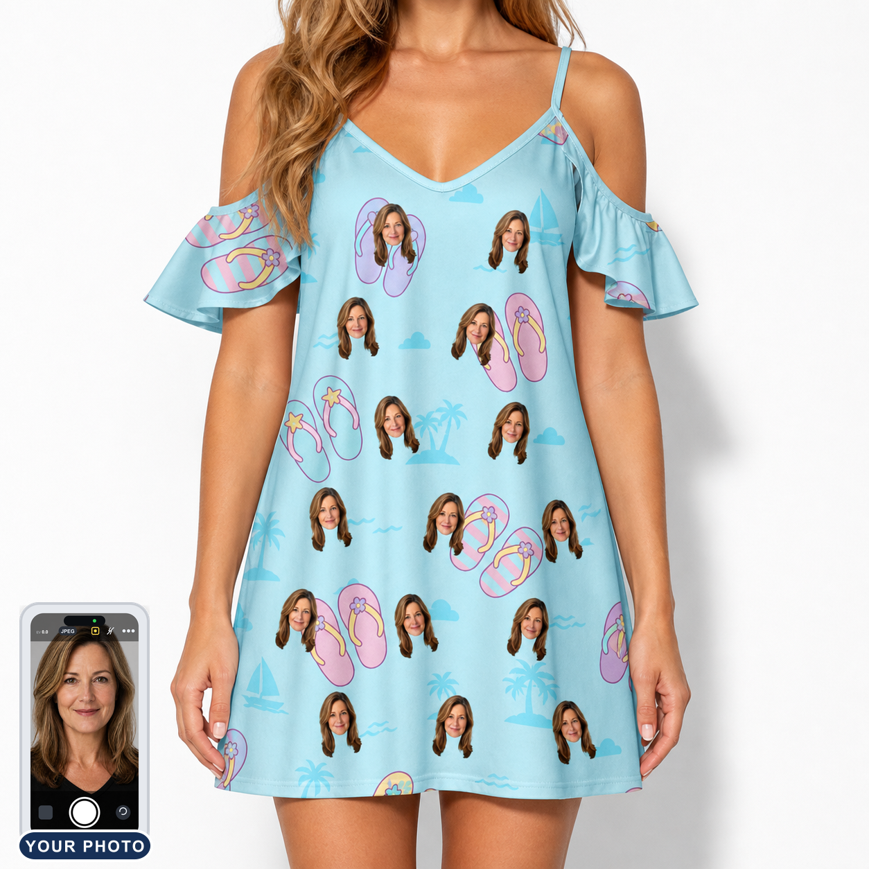 Women's Flipflop Fanfare Custom Face Off-Shoulder Dress