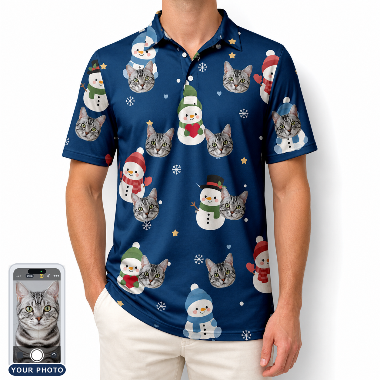 Men's Snowman Shenanigans Custom Cat Face Polo Shirt